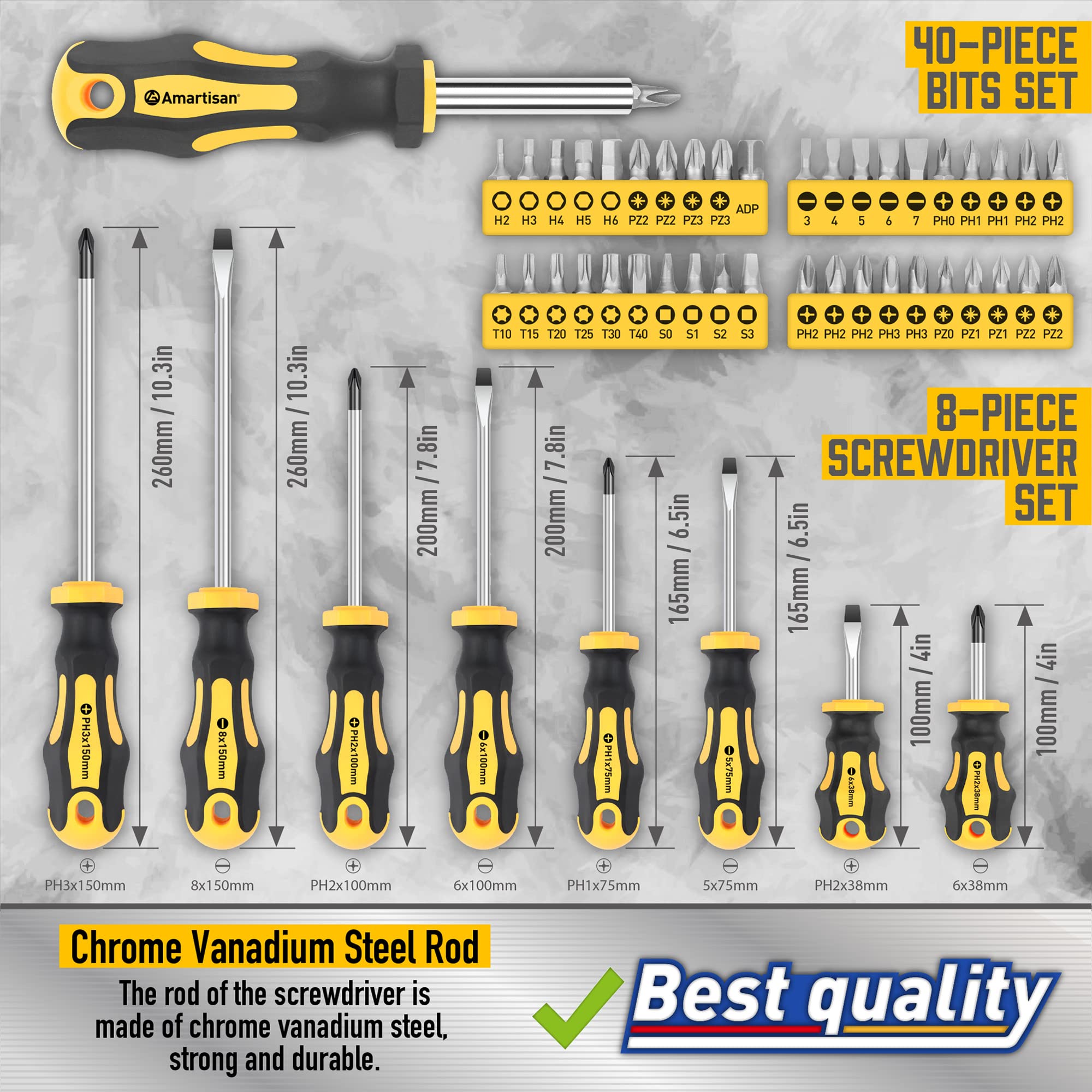 Amartisan 10-Piece Magnetic Screwdrivers Set, 5 Phillips and 5 Slotted Tips Professional Cushion Grip Screwdriver Set 2pcs Portable Multifunction Key Mini Screwdriver (Yellow)