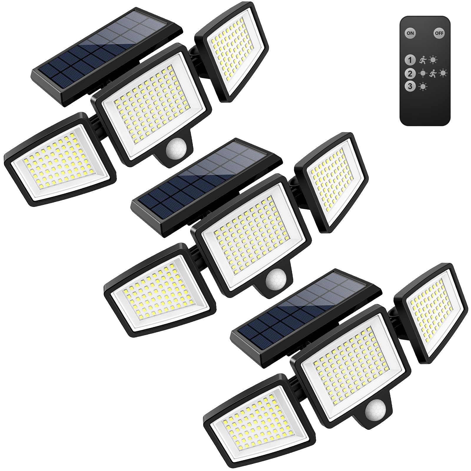 Tuffenough Solar Outdoor Lights 2500LM 210 LED Security Lights with Remote Control,3 Heads Motion Sensor Lights, IP65 Waterproof,270° Wide Angle Flood Wall Lights with 3 Modes(2 Packs)