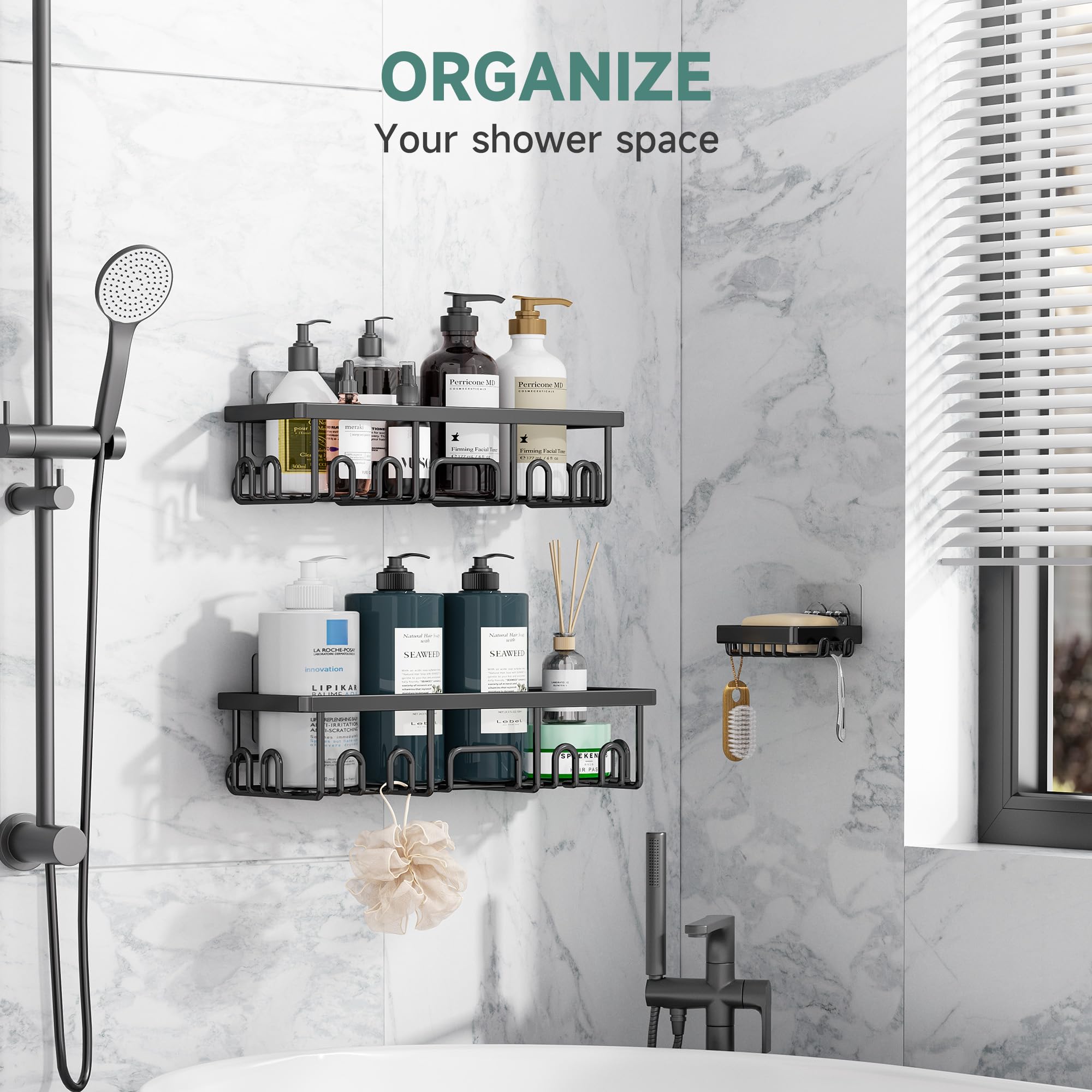 Veken Shower Caddy 6-Pack, Bathroom Organizers and Storage Shelves, Black