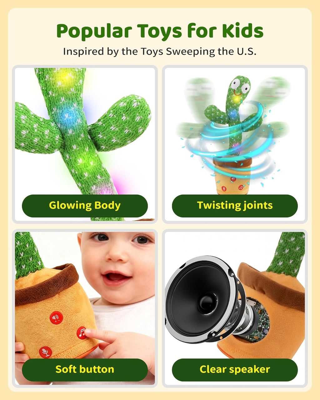 TWORIVER Adjustable Volume Dancing Talking Cactus Toy for Kid, Boys Girls Gifts Singing Mimicking Recording Repeating What You Say Kids Toys with 120 English Songs