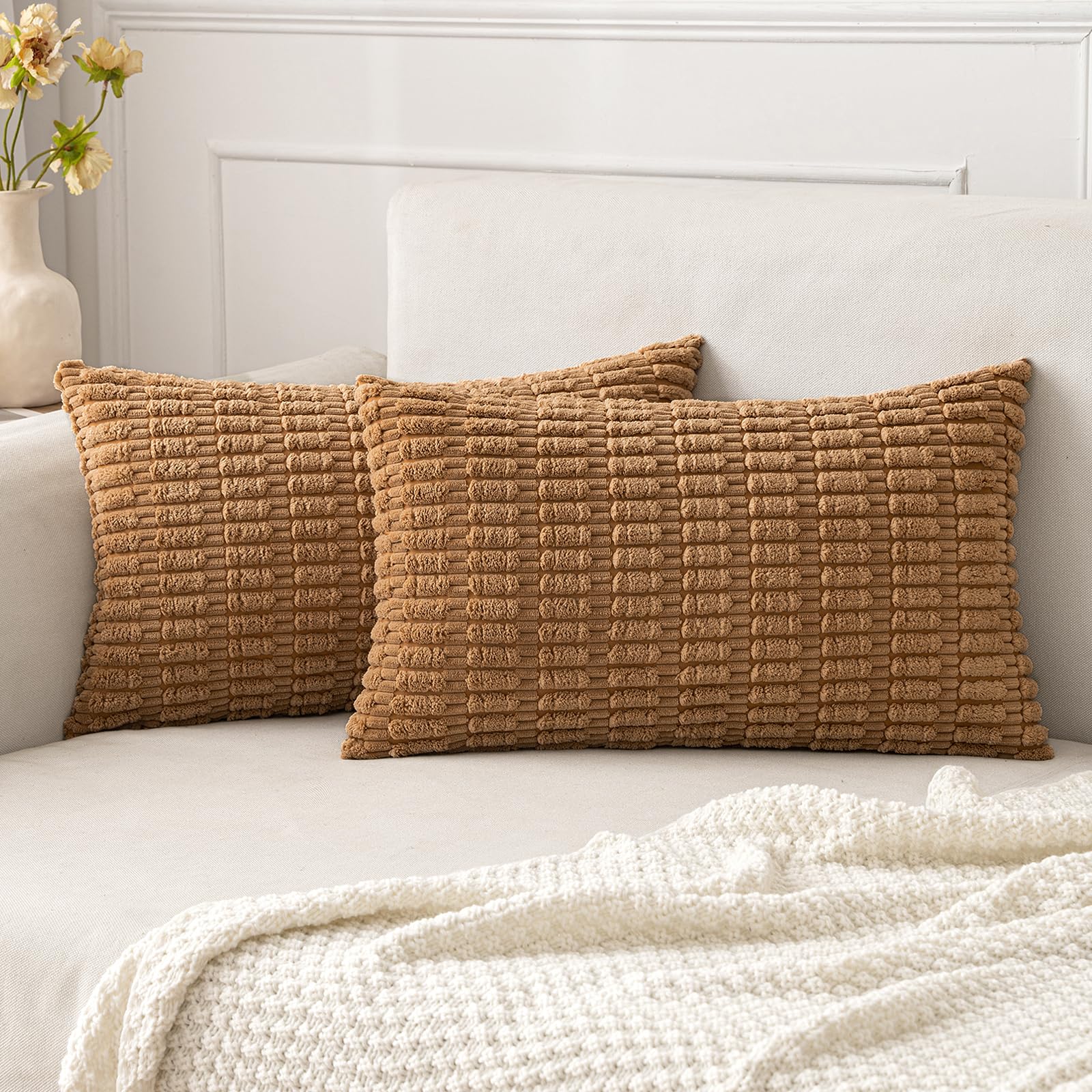 MIULEE Corduroy Decorative Throw Pillow Covers 18x18 Cream White Pack of 2