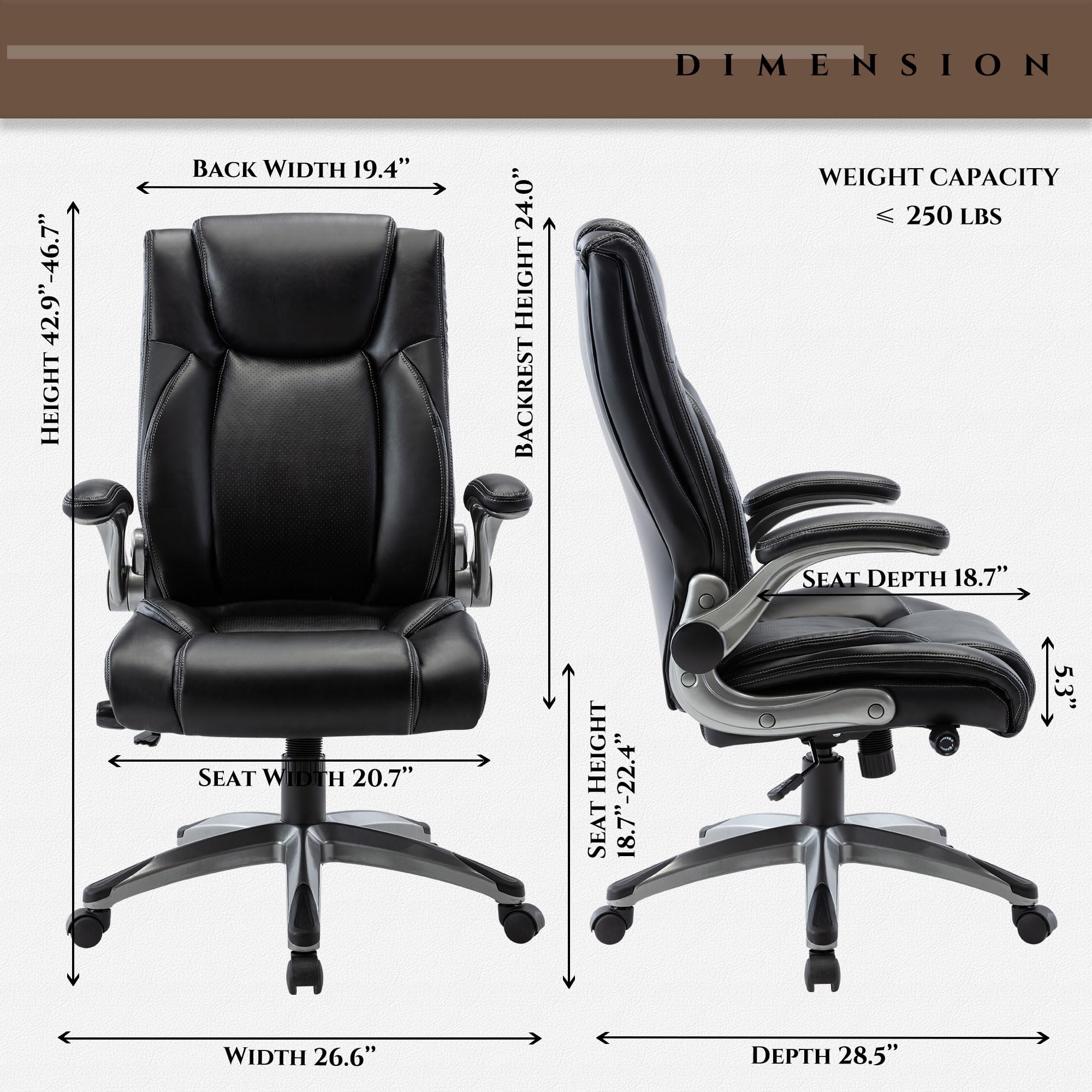 COLAMY High Back Executive Office Chair - Padded Leather Ergonomic Computer Desk Chair with Inflatable Lumbar Support & Flip-Up Arms, Adjustable Tilt Lock Swivel Task Chair for Home Office, Black