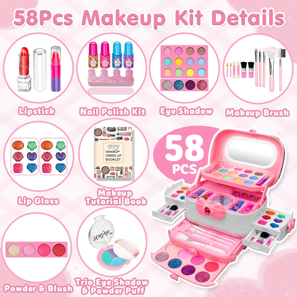 Hollyhi 58 Pcs Kids Makeup Toys Kit for Girls, Real Washable Make Up Set