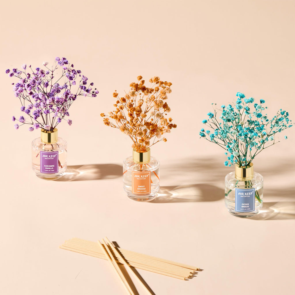 Airkeep Reed Diffuser Set of 3,Clean Linen Ocean Mist&Sea Salt Lavender Eucalyptus Oil Reed Diffusers for Bedroom Living Room Office Aromatherapy Oil Reed Diffuser for Gift 50ml x 3