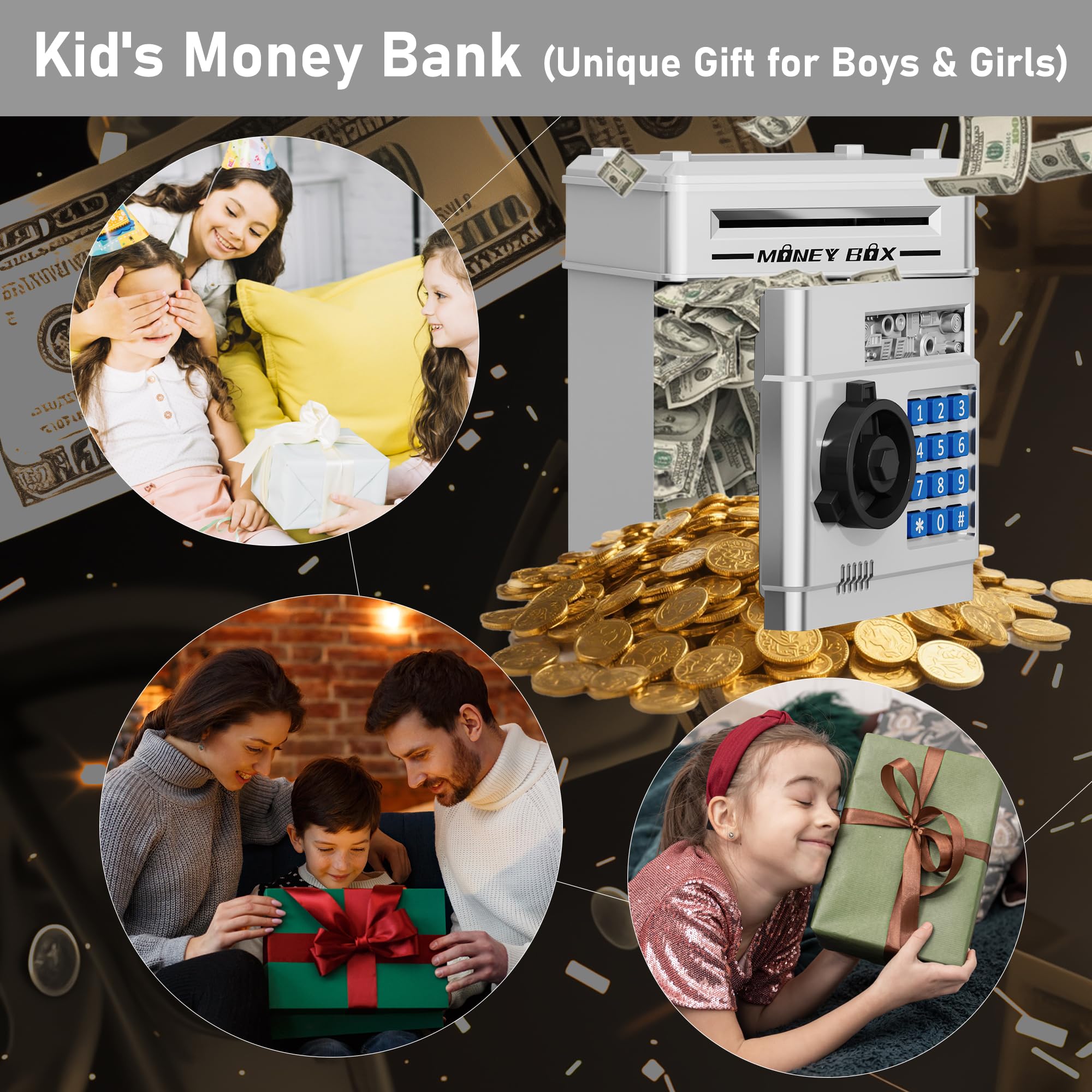 Refasy Piggy Bank Cash Coin Can ATM Bank Electronic Coin Money Bank for Kids Age 3-12, Money Savings Box Mini ATM Coin Bank Toys Gifts for 3 4 5 6 7 8 9 10 11 12 Year Old Boys Girls