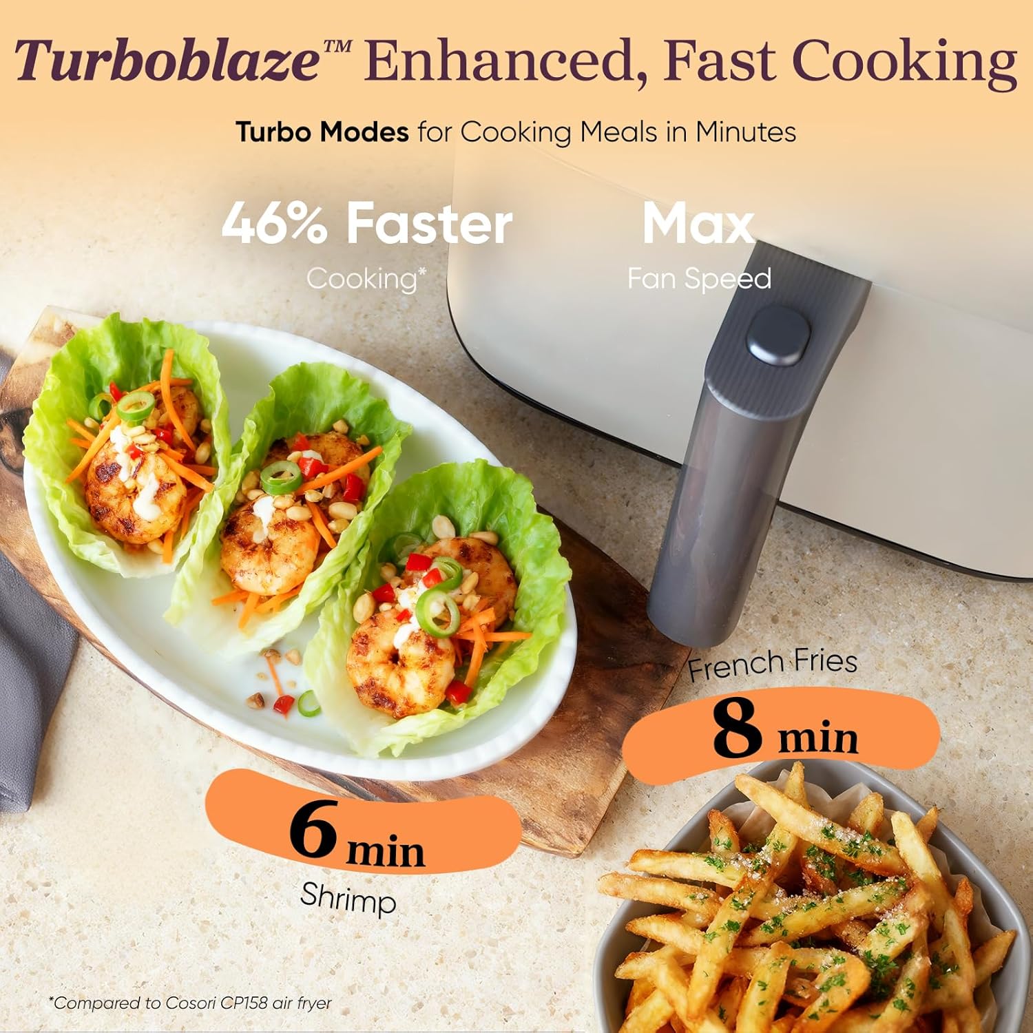 Cosori TurboBlaze Smart Air Fryer 6 Qt, Shake Reminders, 9-in-1, Cream