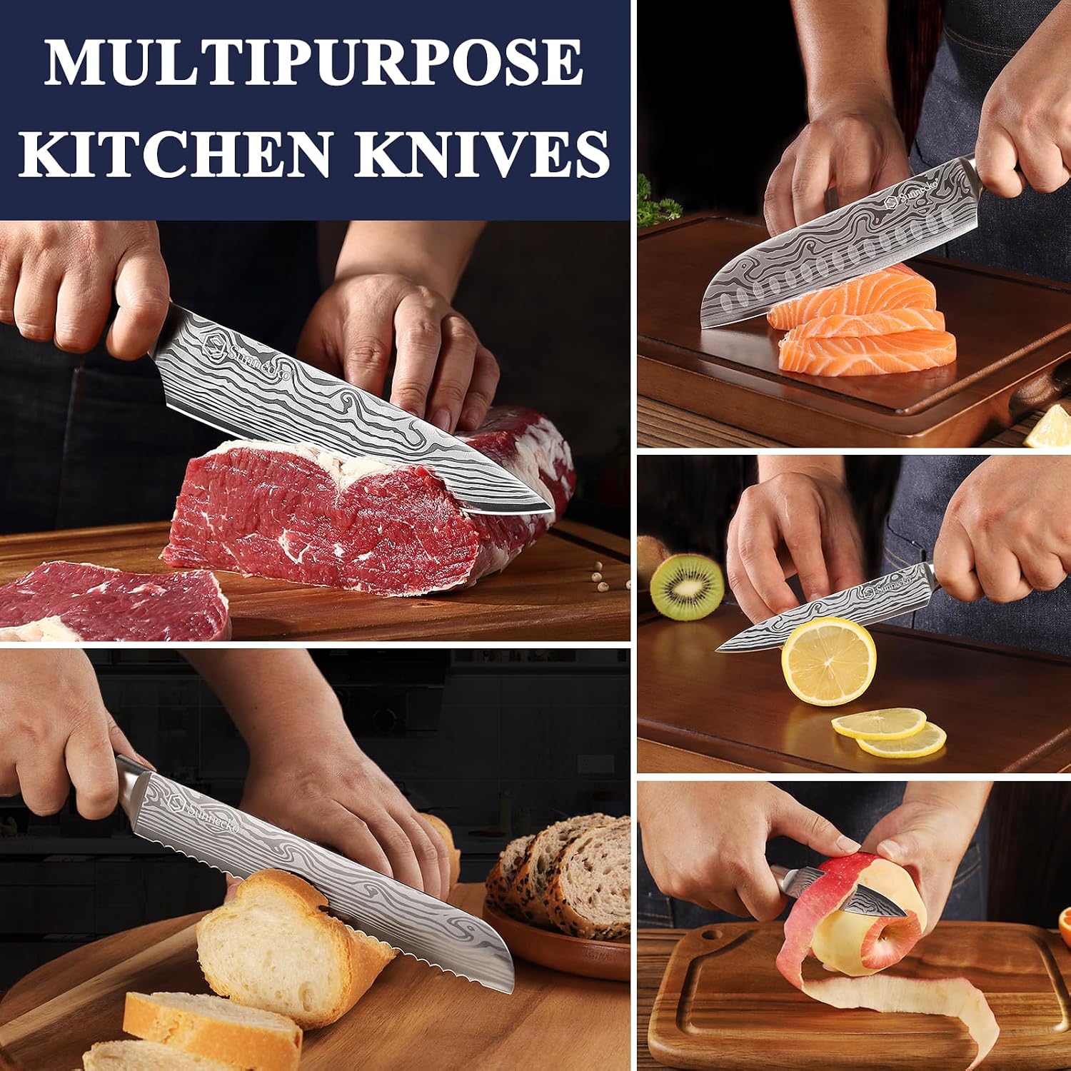 Sunnecko Kitchen Knife Set 5 Piece Chef Knife Set Professional High Carbon Stainless Steel, Sharp Kitchen Knives with Wooden Handle