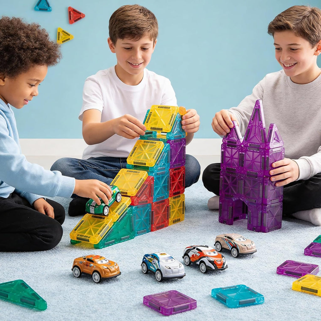 Mini Magnetic Tiles 93PCS Set with 12 Cars and Storage Bag for Kids 3-6