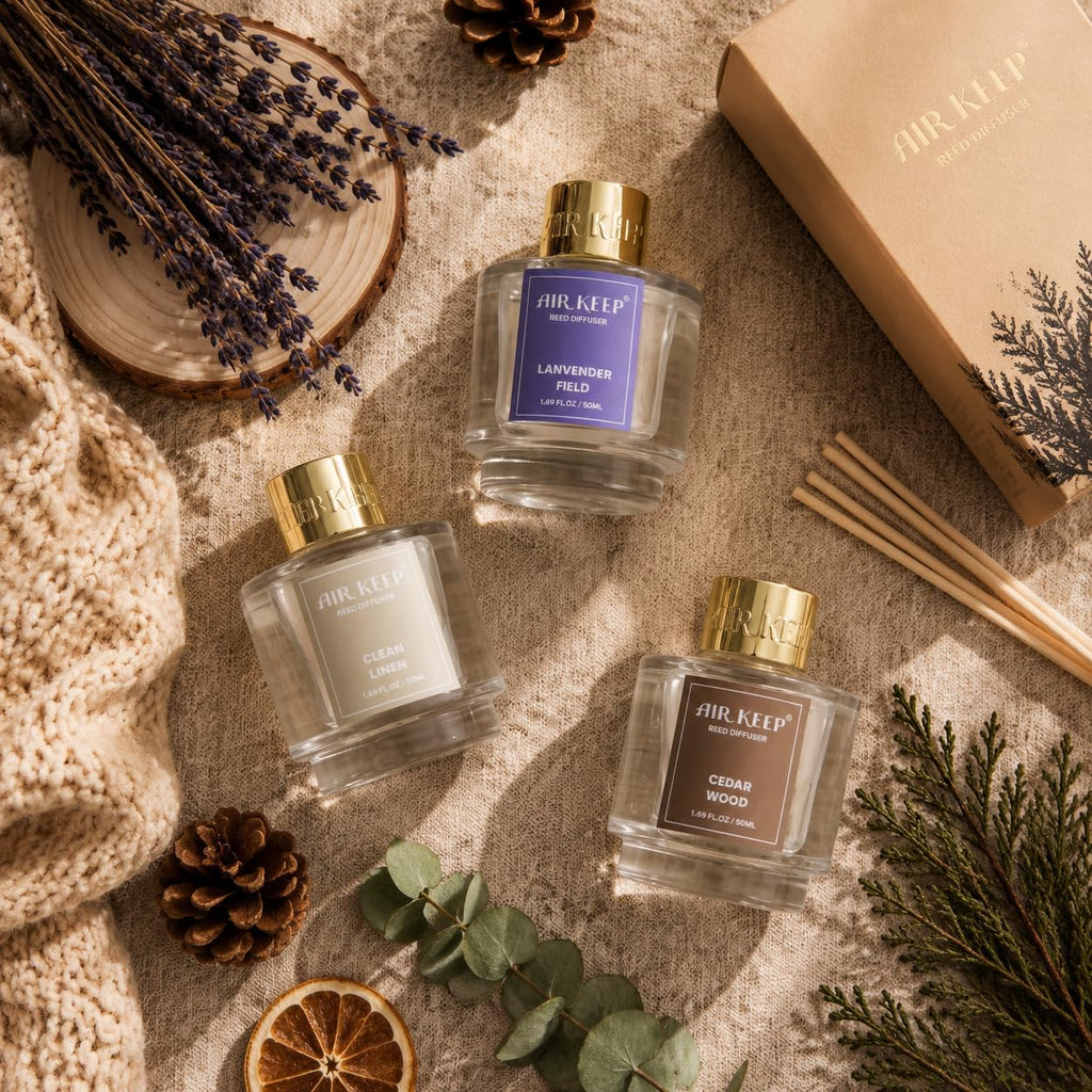 Airkeep Reed Diffuser Set of 3,Clean Linen Ocean Mist&Sea Salt Lavender Eucalyptus Oil Reed Diffusers for Bedroom Living Room Office Aromatherapy Oil Reed Diffuser for Gift 50ml x 3