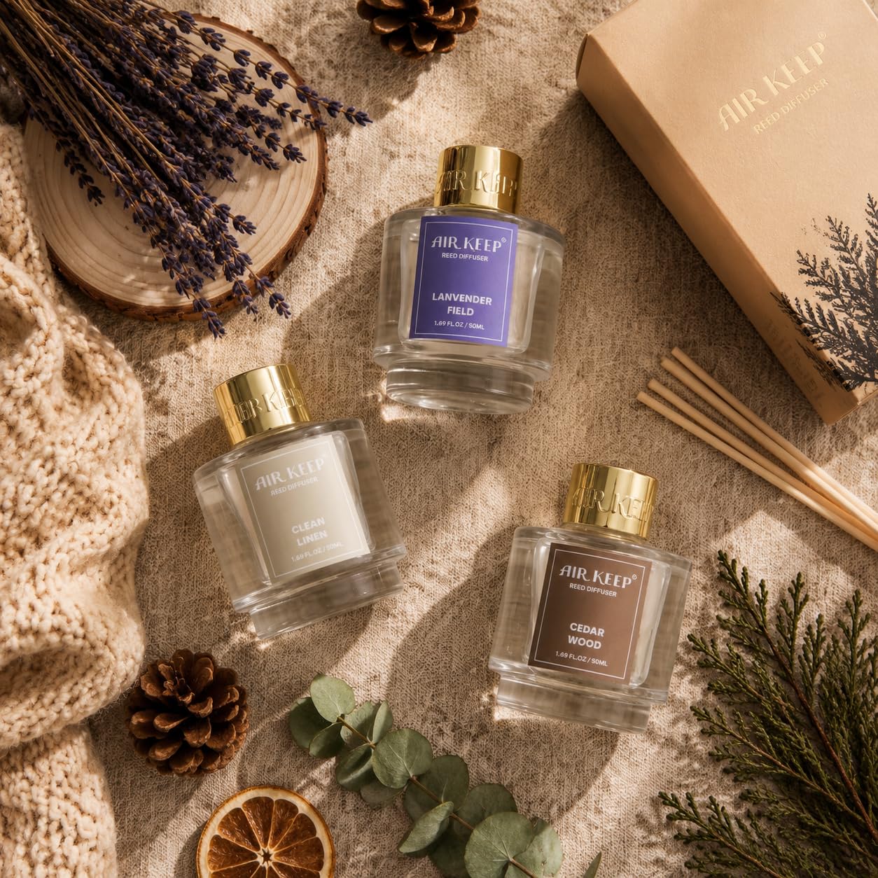 Airkeep Reed Diffuser Set of 3,Clean Linen Ocean Mist&Sea Salt Lavender Eucalyptus Oil Reed Diffusers for Bedroom Living Room Office Aromatherapy Oil Reed Diffuser for Gift 50ml x 3