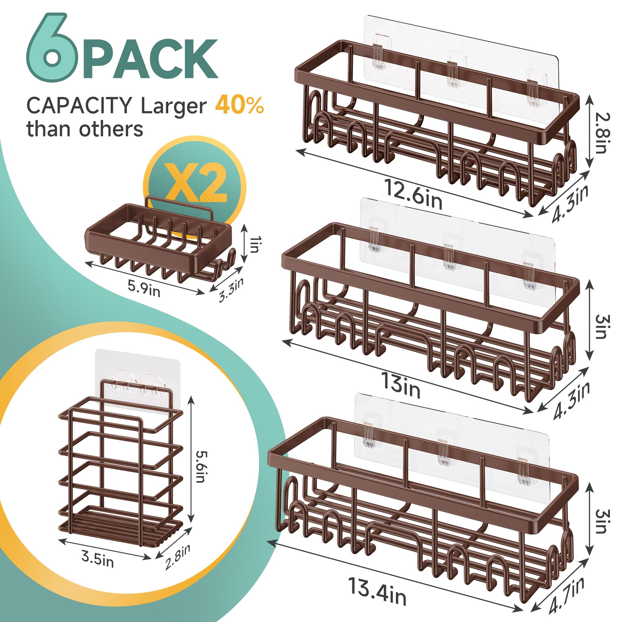 Veken Shower Caddy 6-Pack, Bathroom Organizers and Storage Shelves, Black