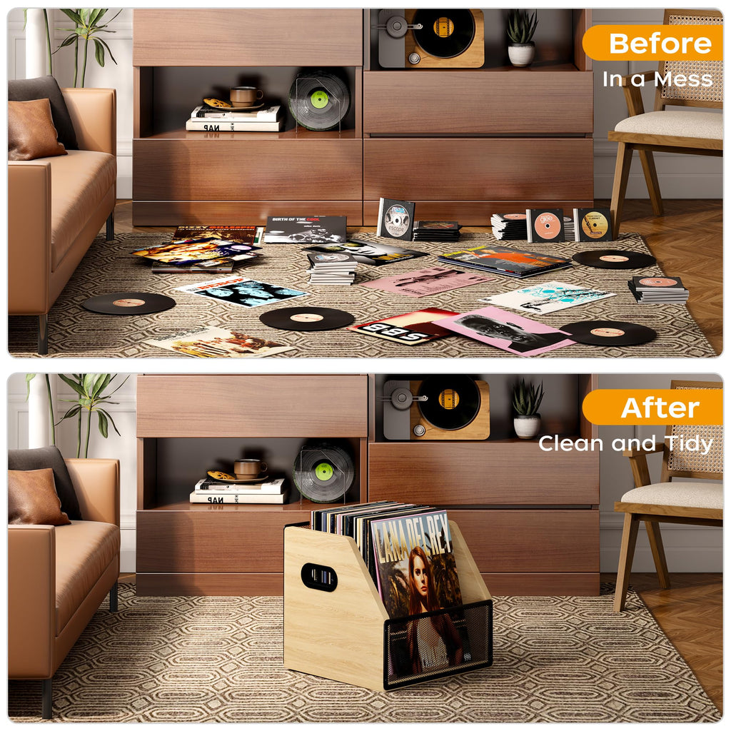 Homeiju Vinyl Record Storage, Record Box Case Crate, Vinyl Record Album Holder, Metal & Wooden LP Record Crate, Holds up to 60 Records