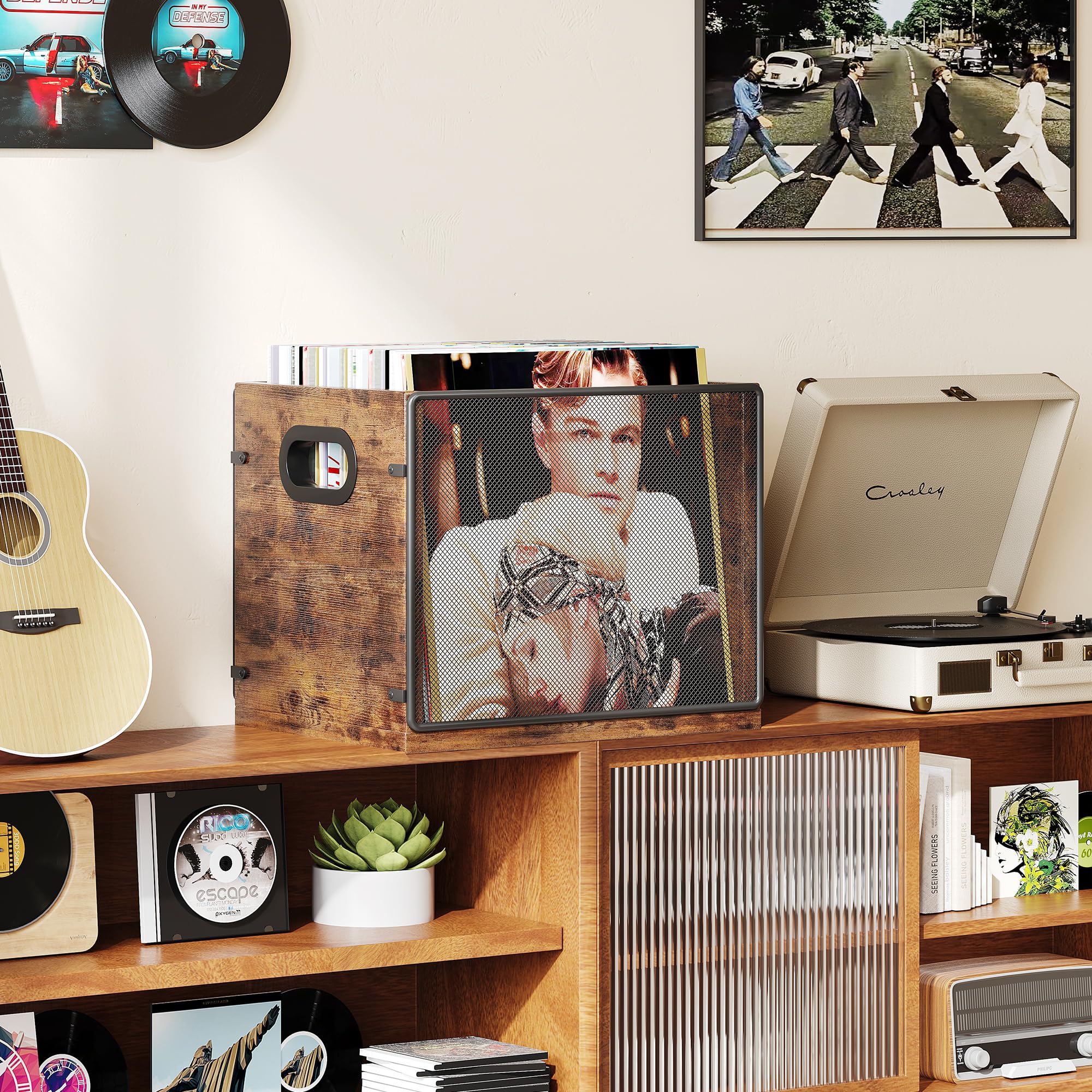 Homeiju Vinyl Record Storage, Record Box Case Crate, Vinyl Record Album Holder, Metal & Wooden LP Record Crate, Holds up to 60 Records