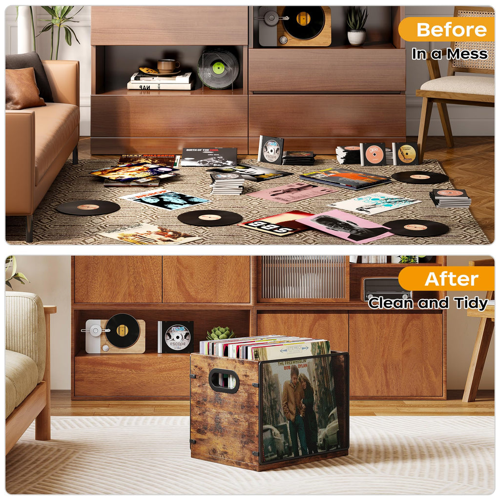 Homeiju Vinyl Record Storage, Record Box Case Crate, Vinyl Record Album Holder, Metal & Wooden LP Record Crate, Holds up to 60 Records