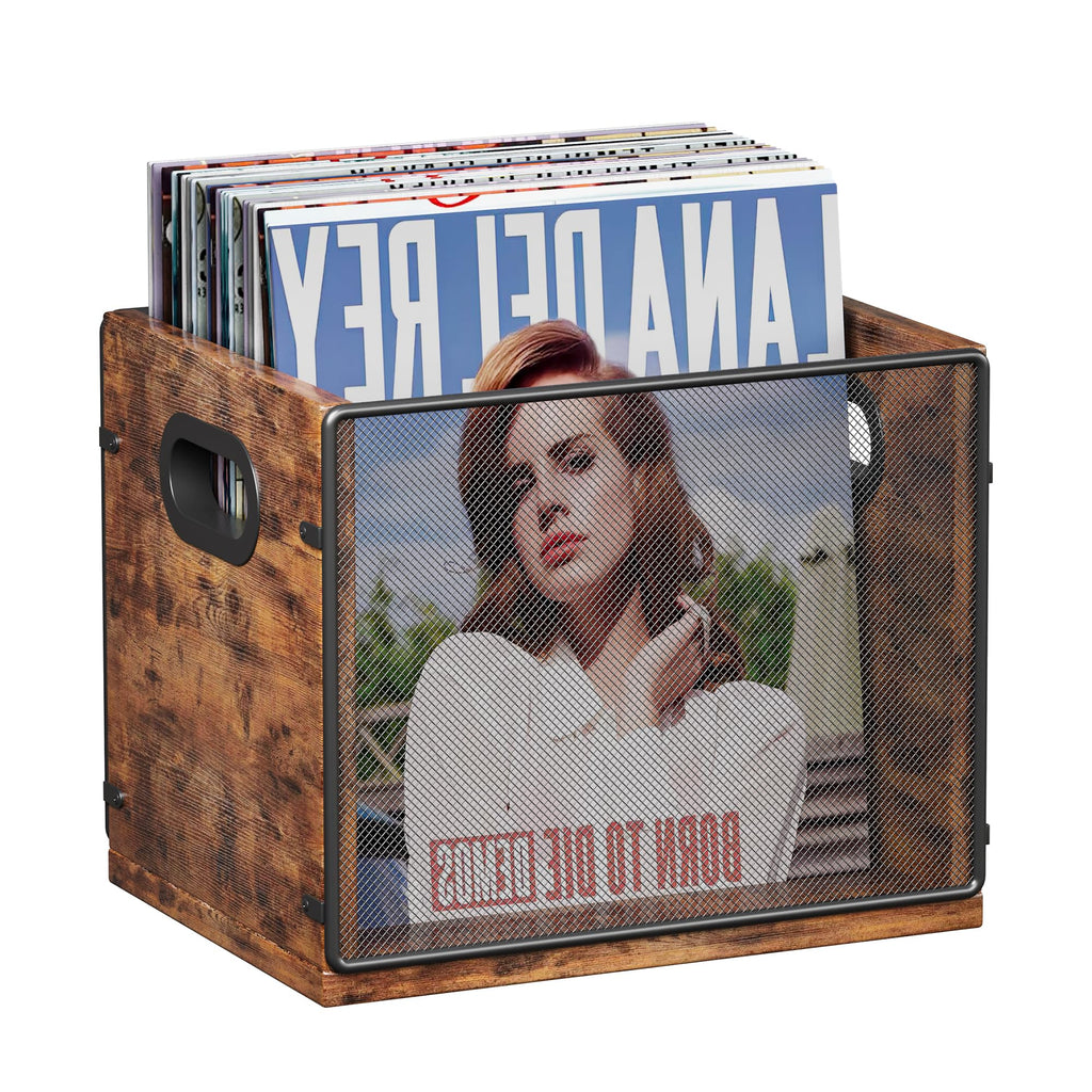 Homeiju Vinyl Record Storage, Record Box Case Crate, Vinyl Record Album Holder, Metal & Wooden LP Record Crate, Holds up to 60 Records