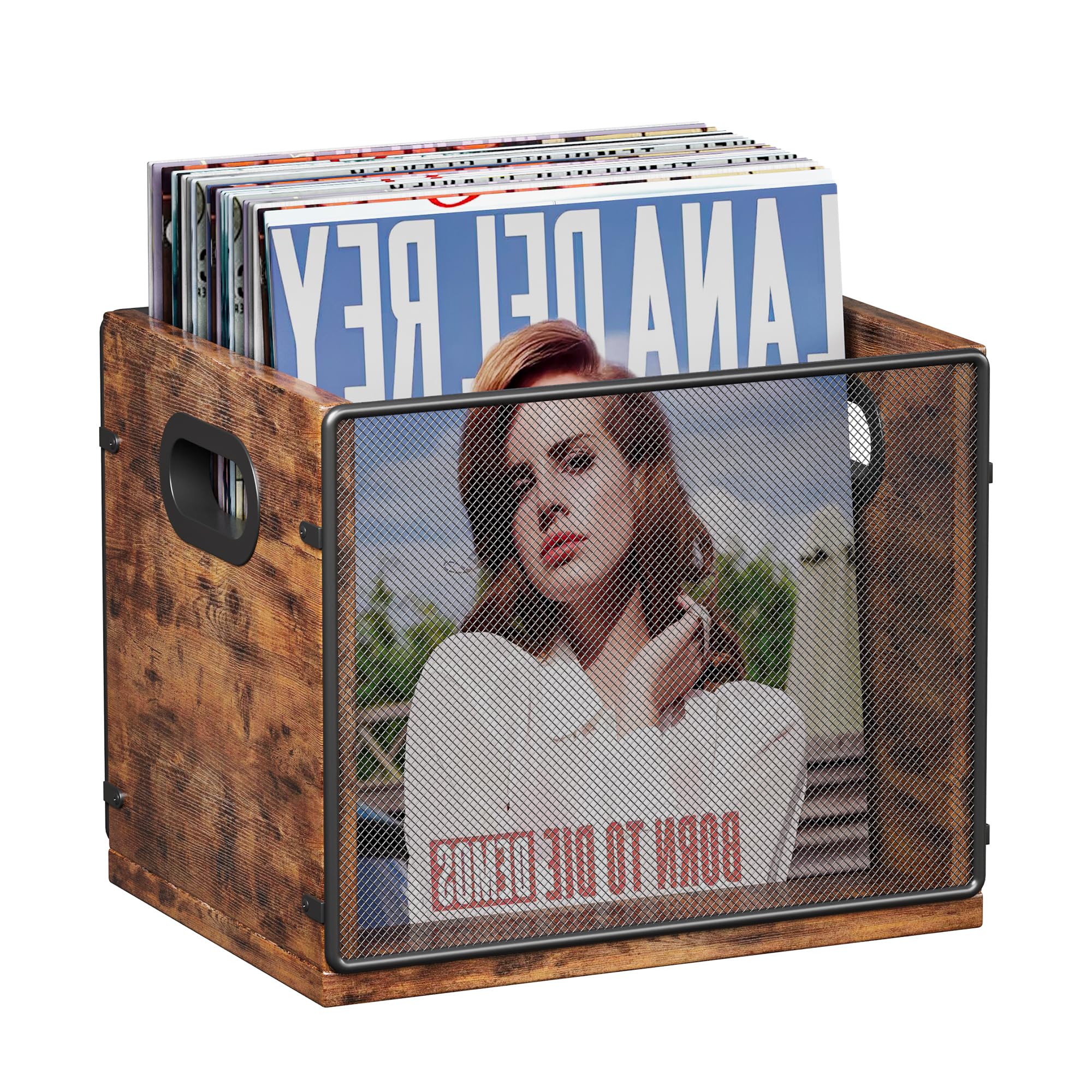 Homeiju Vinyl Record Storage, Record Box Case Crate, Vinyl Record Album Holder, Metal & Wooden LP Record Crate, Holds up to 60 Records