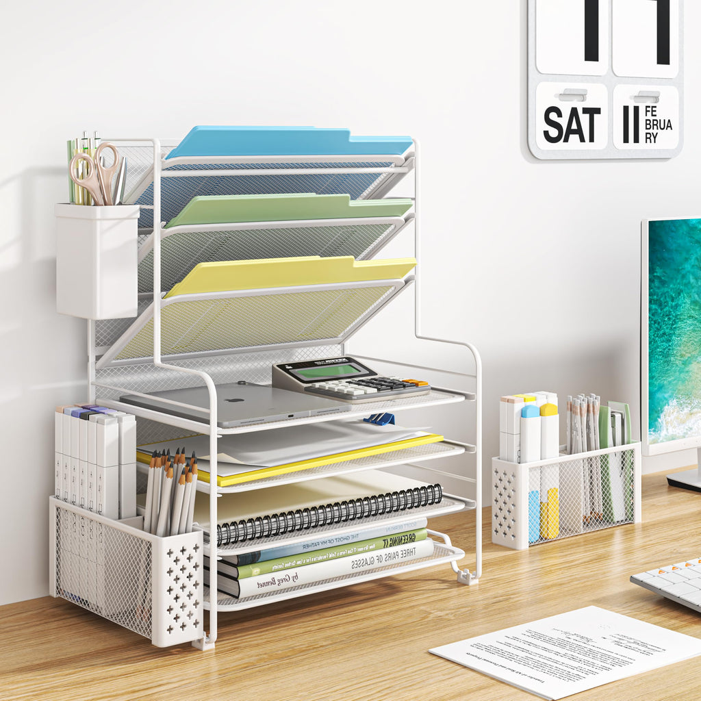 Simple Trending 7 Tier Desk File Organizer, Letter Tray Paper Organizer with Pen Holder and Metal Hanging Basket, Black