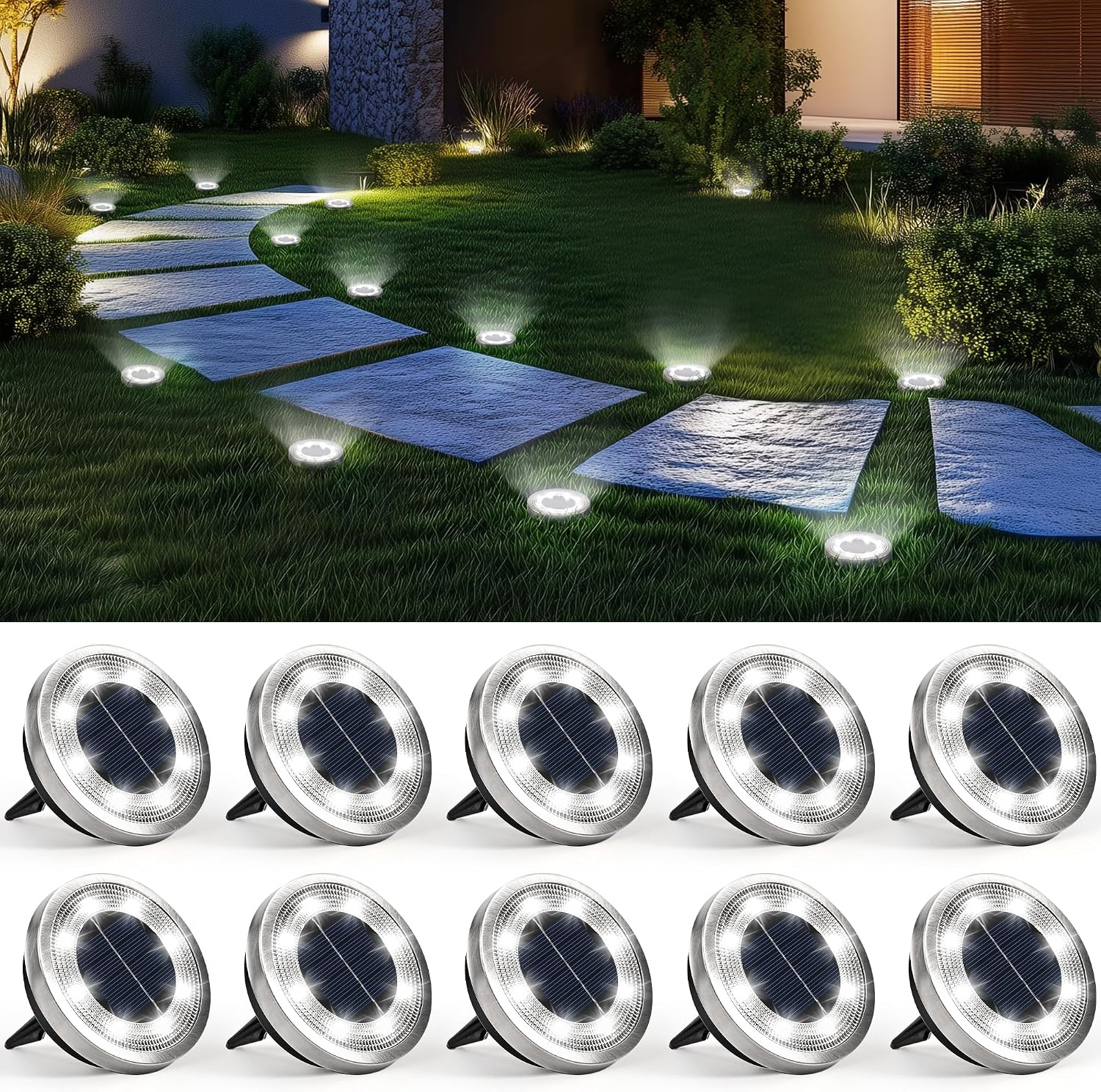 SOLPEX 10 Pack Solar Ground Lights Outdoor, Backyard Decor Cool White