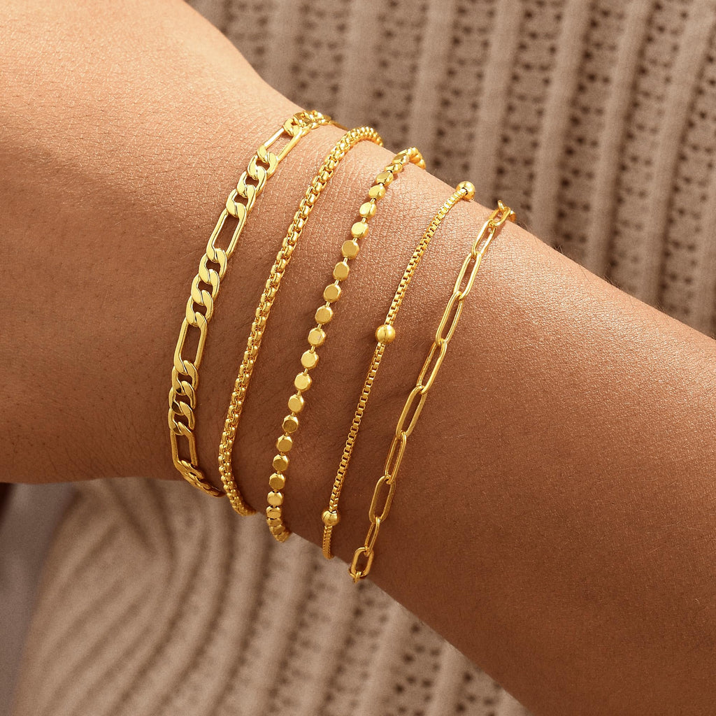 Gold Bracelets for Women, 14K Gold Plated Stackable Bracelet Stack Set Adjustable Charm Paperclip Chain Snake Link Layered Waterproof Jewelry Sets Gifts