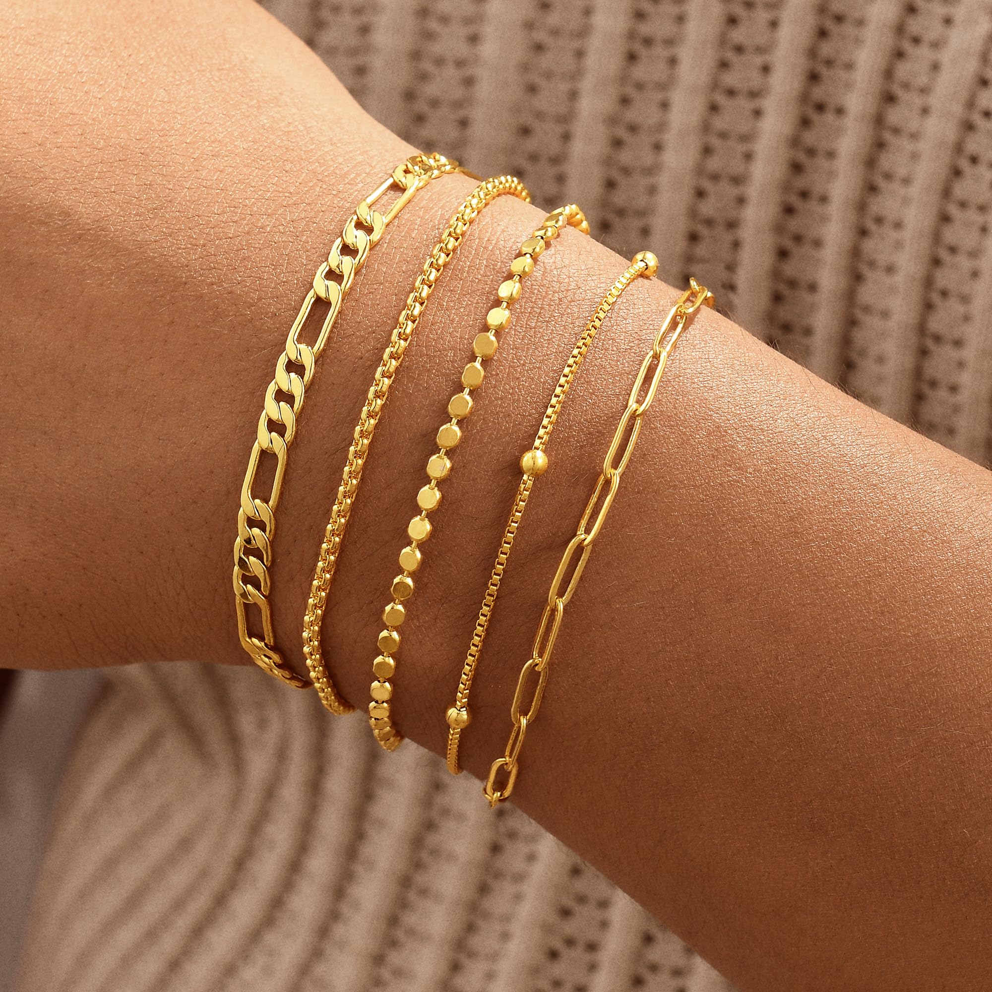 Gold Bracelets for Women, 14K Gold Plated Stackable Bracelet Stack Set Adjustable Charm Paperclip Chain Snake Link Layered Waterproof Jewelry Sets Gifts