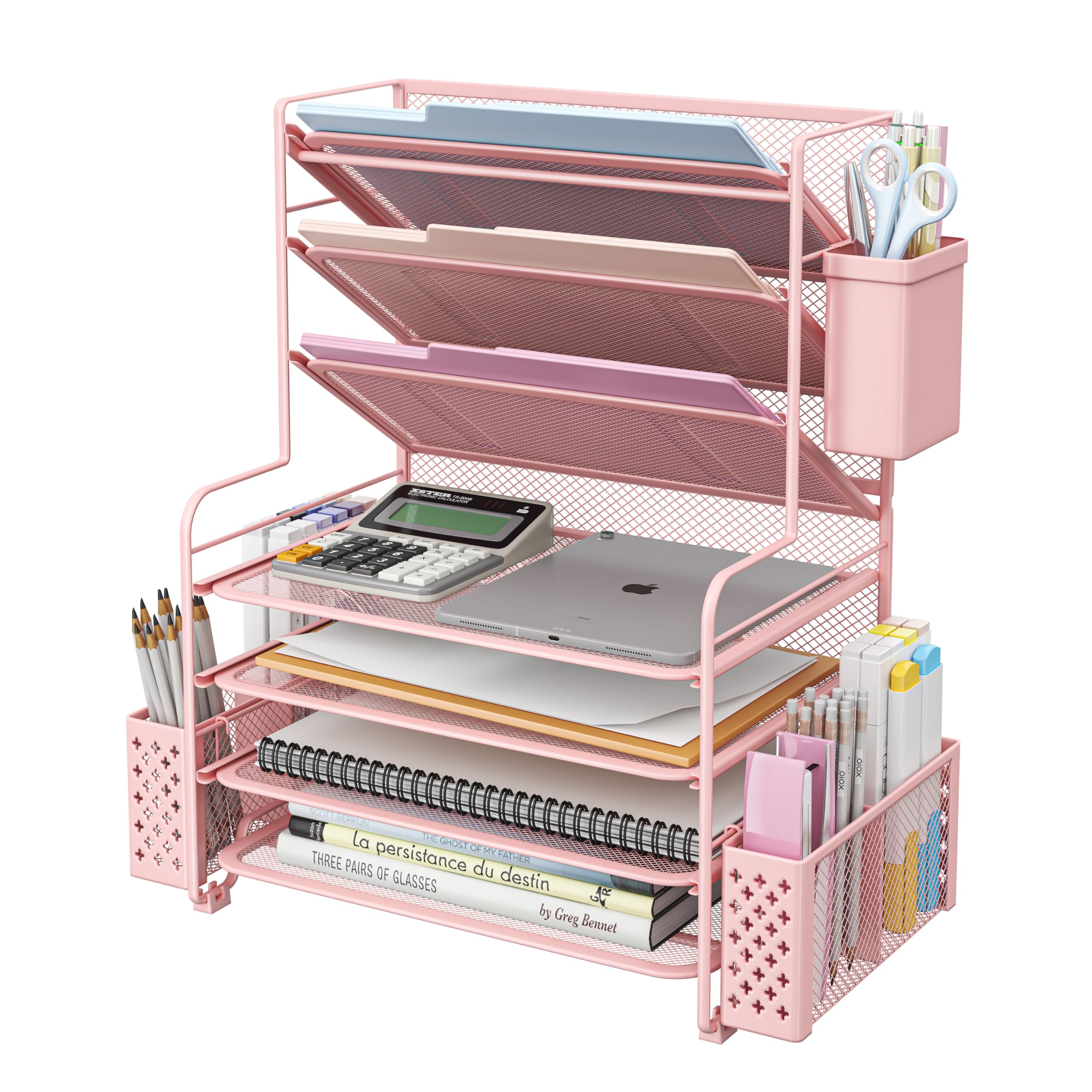 Simple Trending 7 Tier Desk File Organizer, Letter Tray Paper Organizer with Pen Holder and Metal Hanging Basket, Black