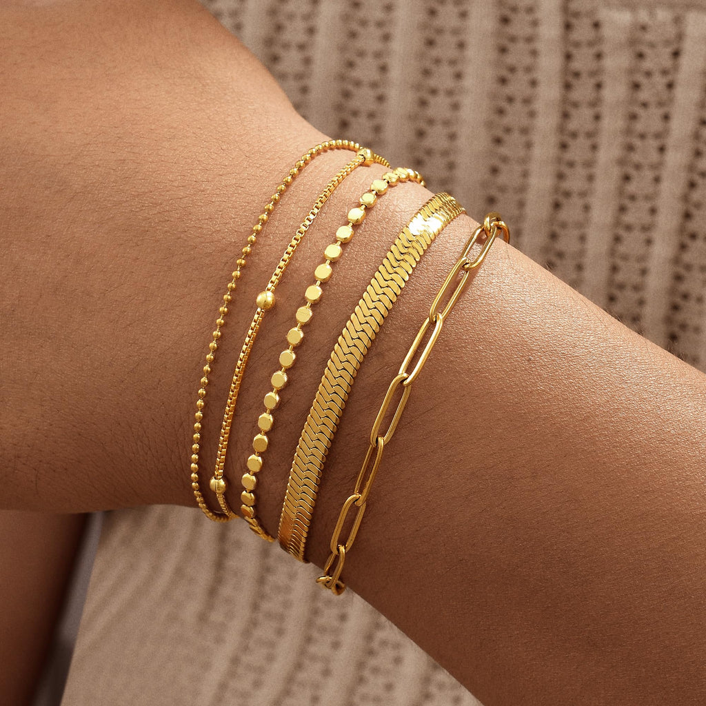Gold Bracelets for Women, 14K Gold Plated Stackable Bracelet Stack Set Adjustable Charm Paperclip Chain Snake Link Layered Waterproof Jewelry Sets Gifts