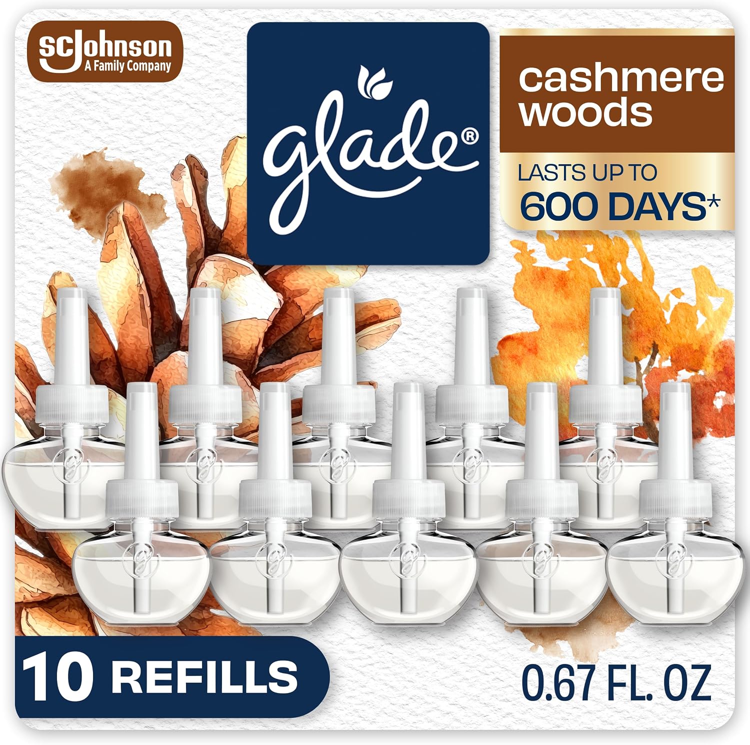 Glade PlugIns Refills Air Freshener, Scented and Essential Oils for Home and Bathroom, Cashmere Woods, 6.7 Fl Oz, 10 Count