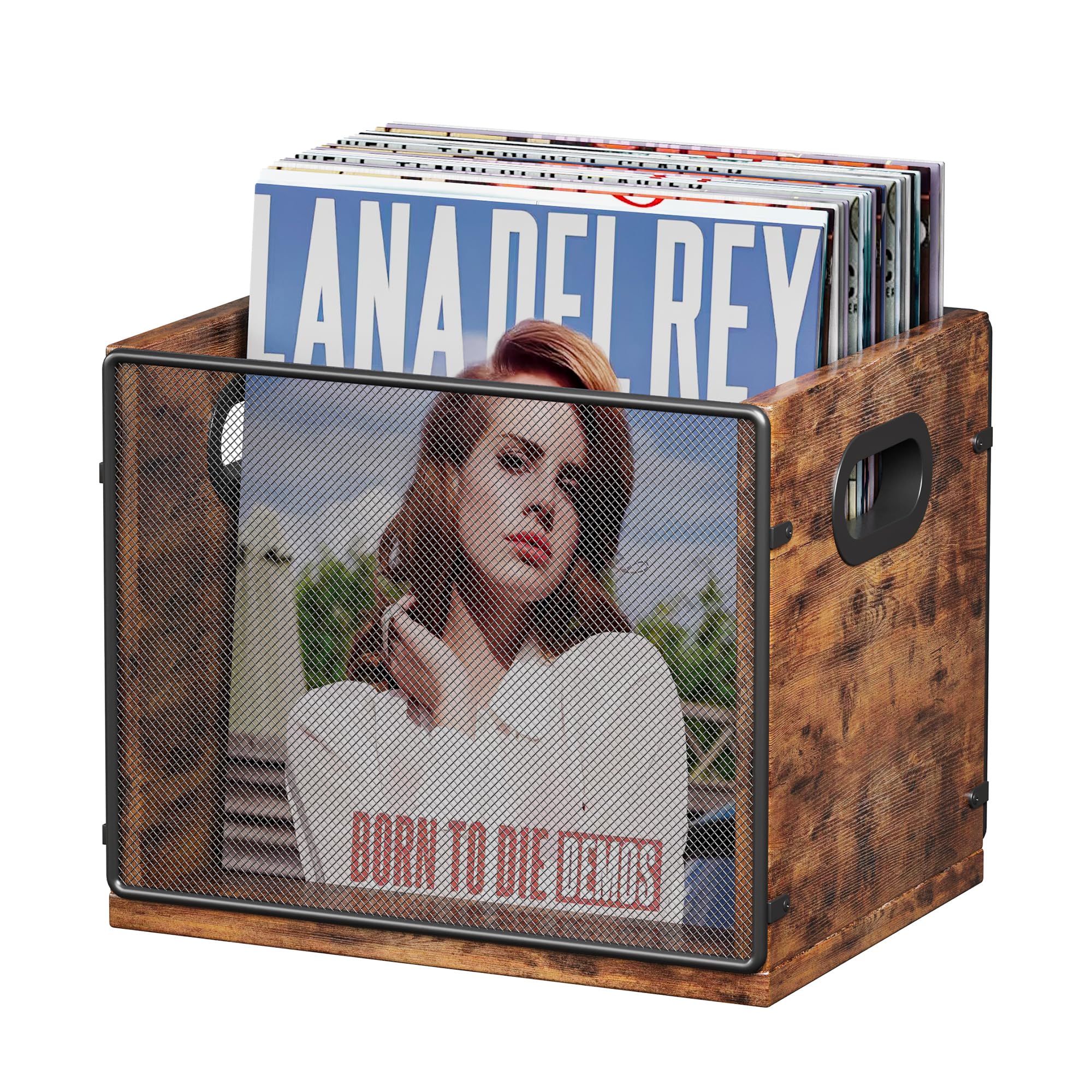 Homeiju Vinyl Record Storage, Record Box Case Crate, Vinyl Record Album Holder, Metal & Wooden LP Record Crate, Holds up to 60 Records