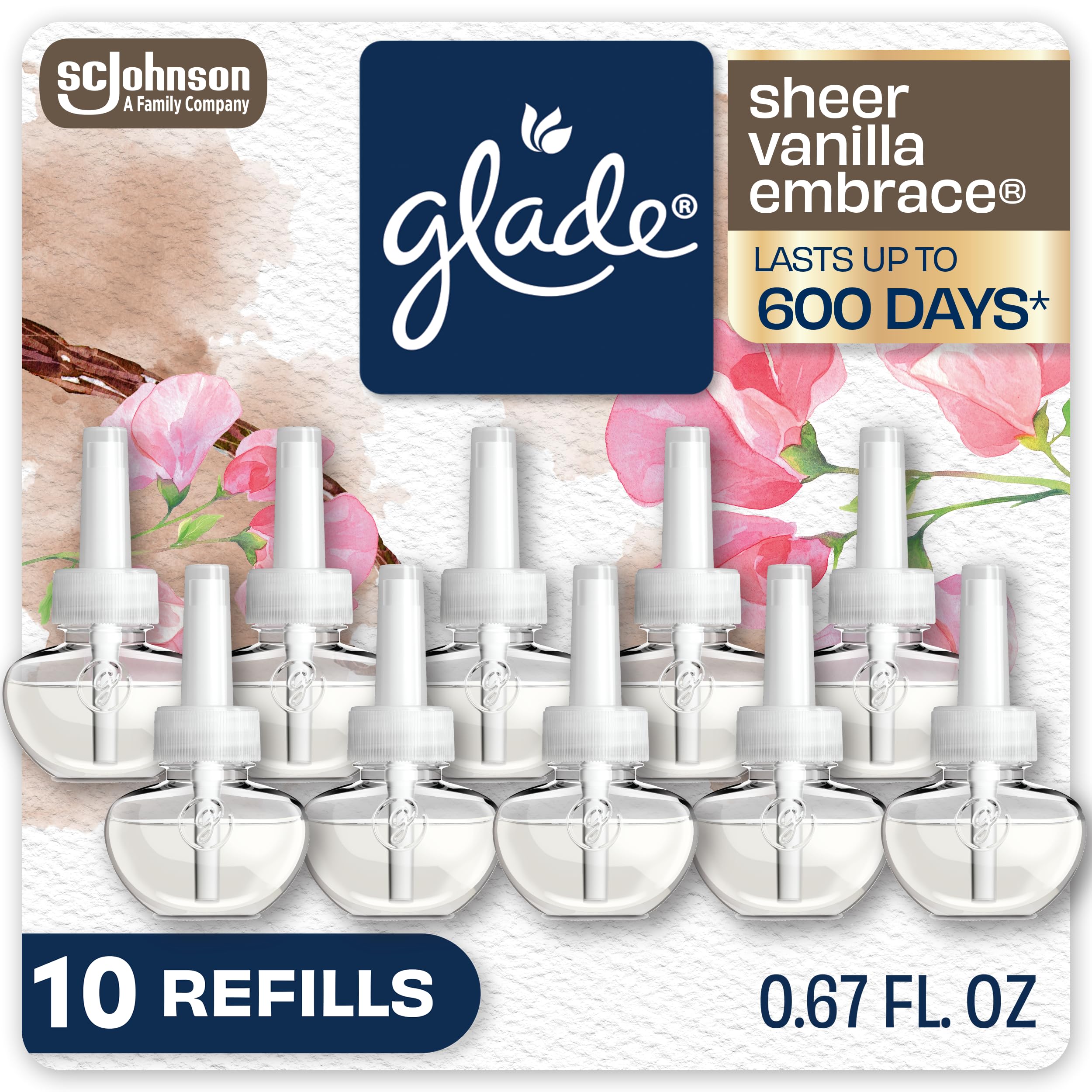Glade PlugIns Refills Air Freshener, Scented and Essential Oils for Home and Bathroom, Cashmere Woods, 6.7 Fl Oz, 10 Count