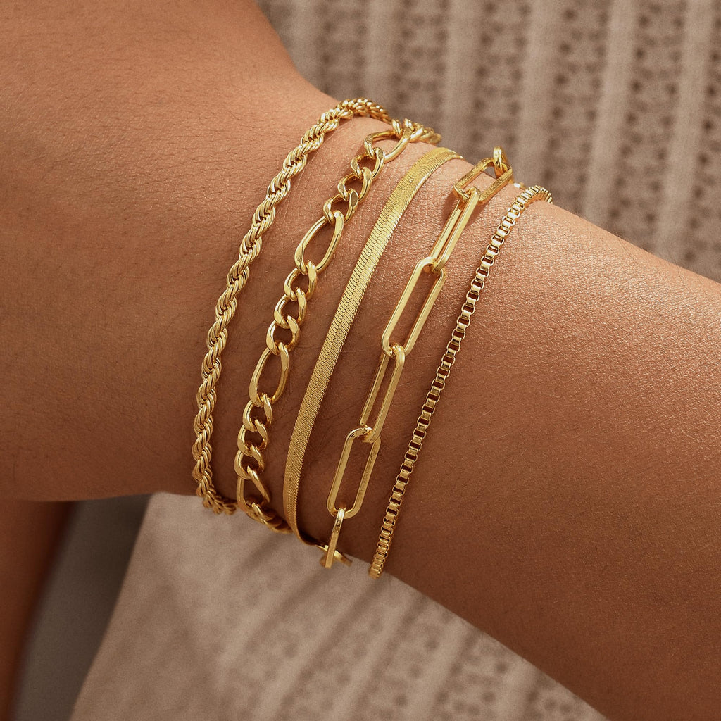 Gold Bracelets for Women, 14K Gold Plated Stackable Bracelet Stack Set Adjustable Charm Paperclip Chain Snake Link Layered Waterproof Jewelry Sets Gifts