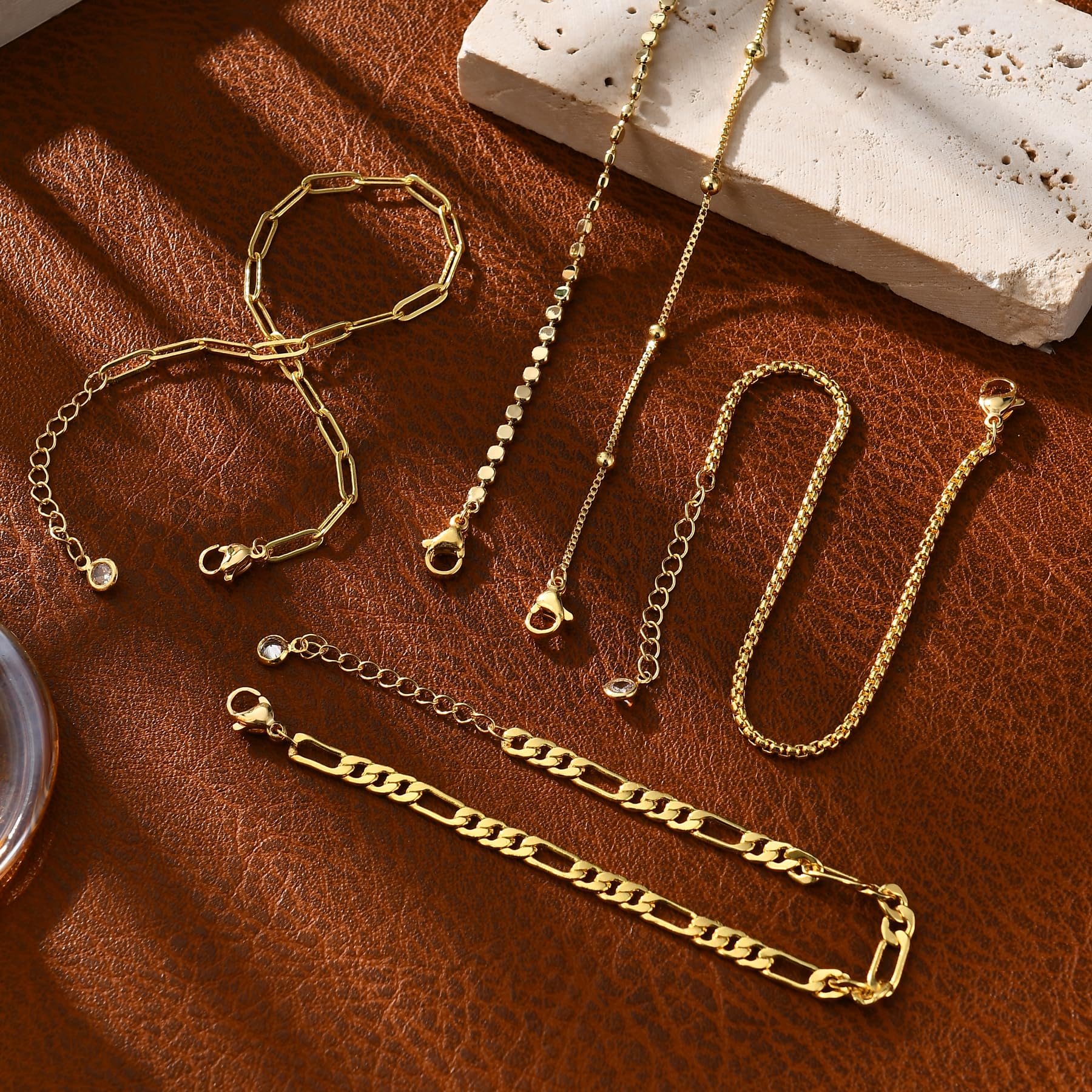 Gold Bracelets for Women, 14K Gold Plated Stackable Bracelet Stack Set Adjustable Charm Paperclip Chain Snake Link Layered Waterproof Jewelry Sets Gifts