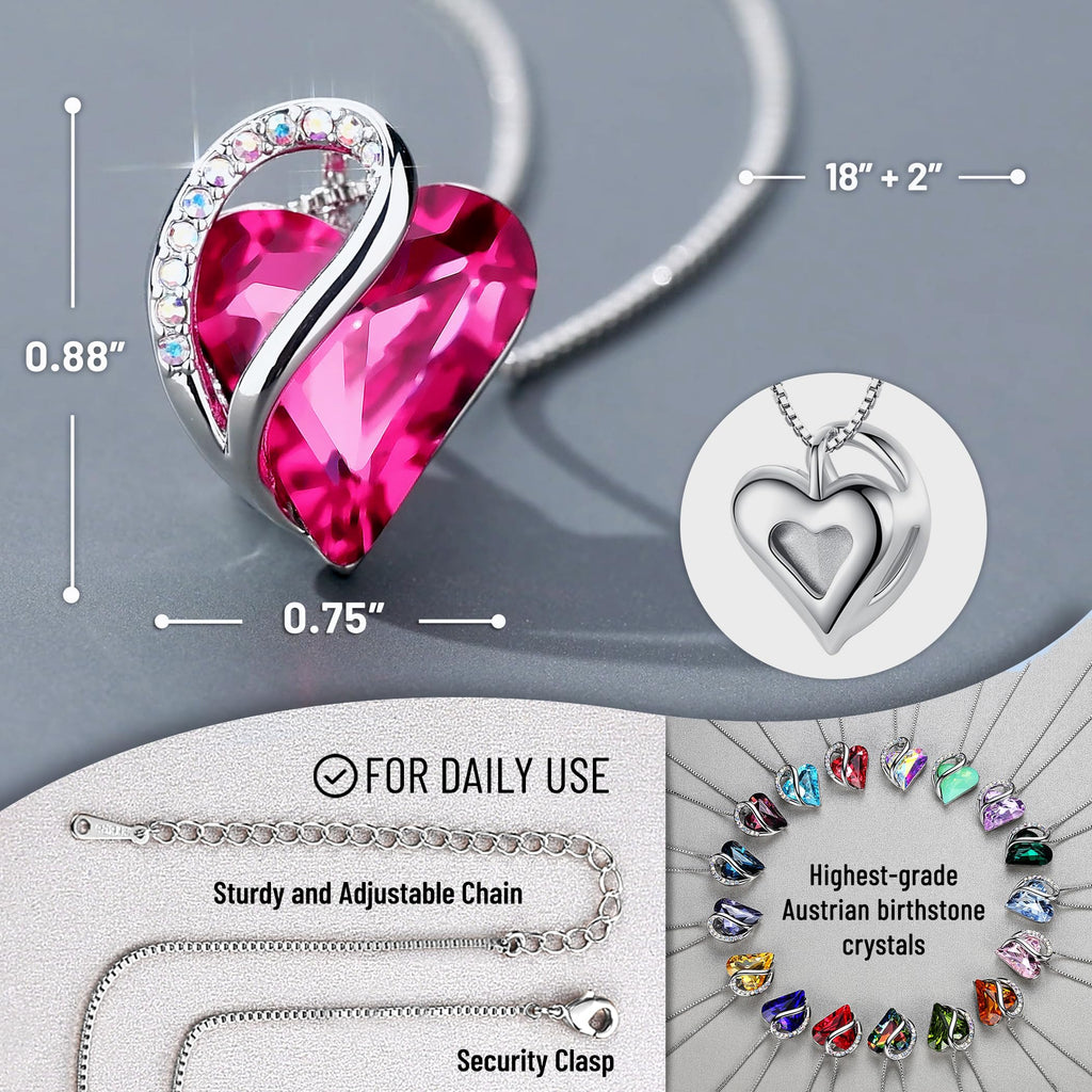 Leafael Gift Necklaces for Women, Infinity Love Birthstone Heart Crystal Pendant, Birthday Anniversary Jewelry for Wife, Mom, and Her, Silver Plated, 18" + 2" Adjustable Chain
