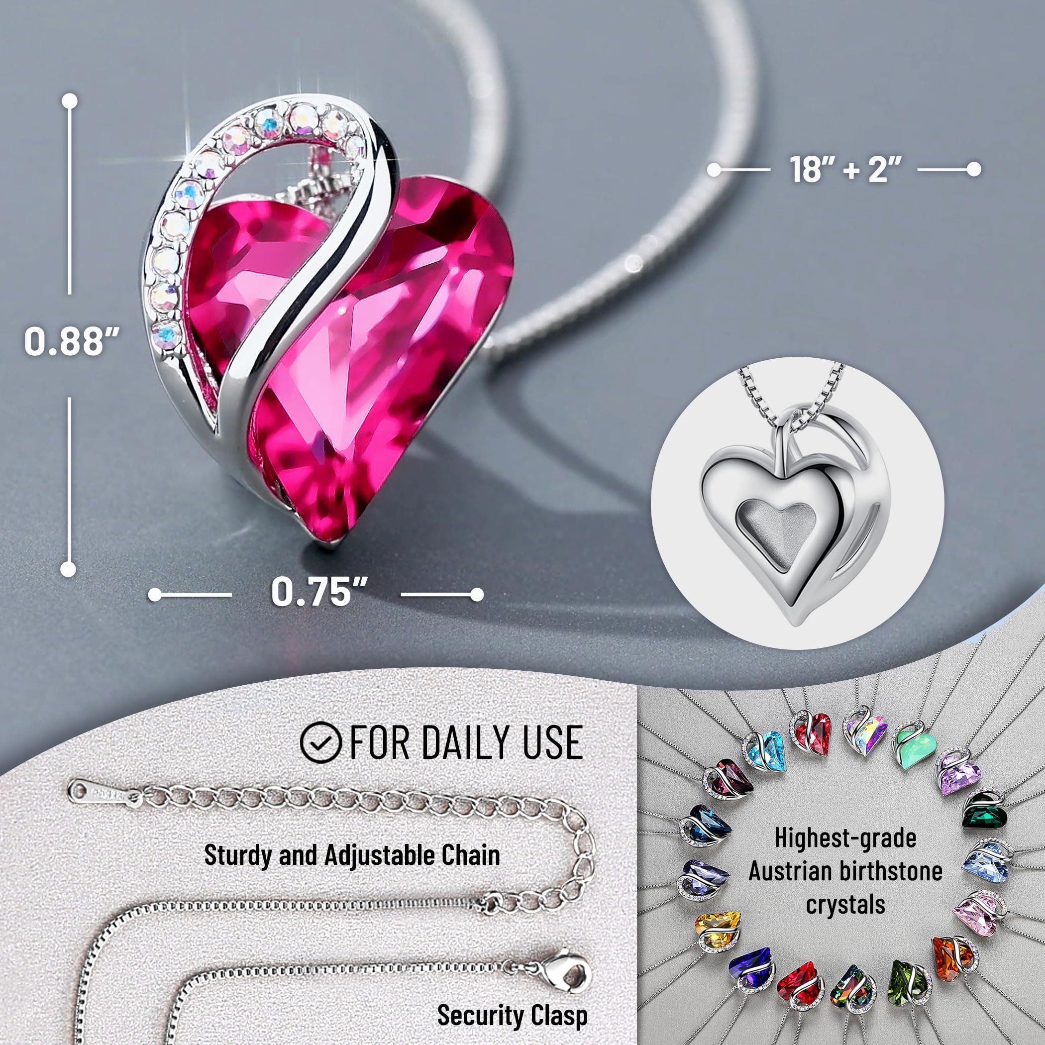 Leafael Gift Necklaces for Women, Infinity Love Birthstone Heart Crystal Pendant, Birthday Anniversary Jewelry for Wife, Mom, and Her, Silver Plated, 18" + 2" Adjustable Chain