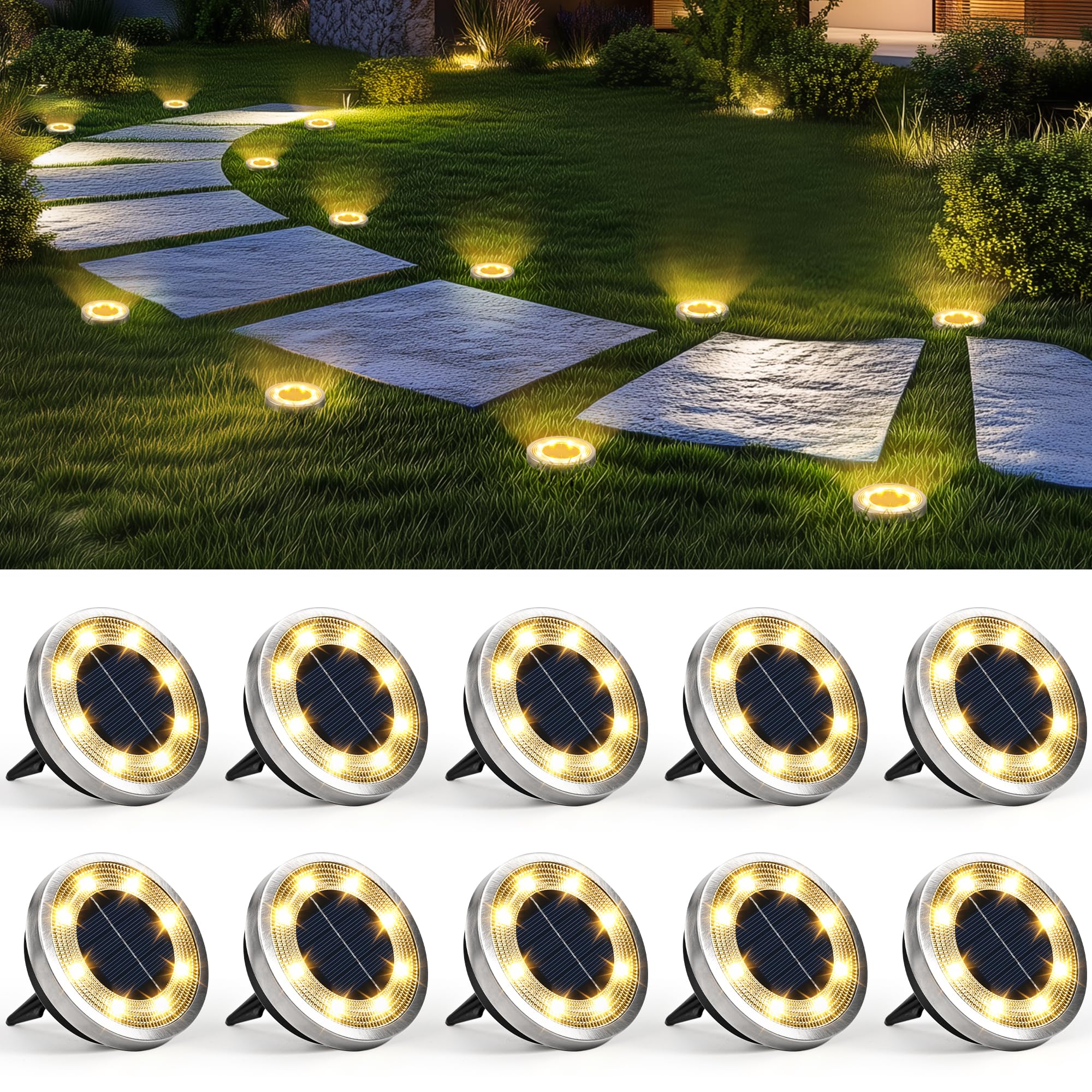 SOLPEX 10 Pack Solar Ground Lights Outdoor, Backyard Decor Cool White