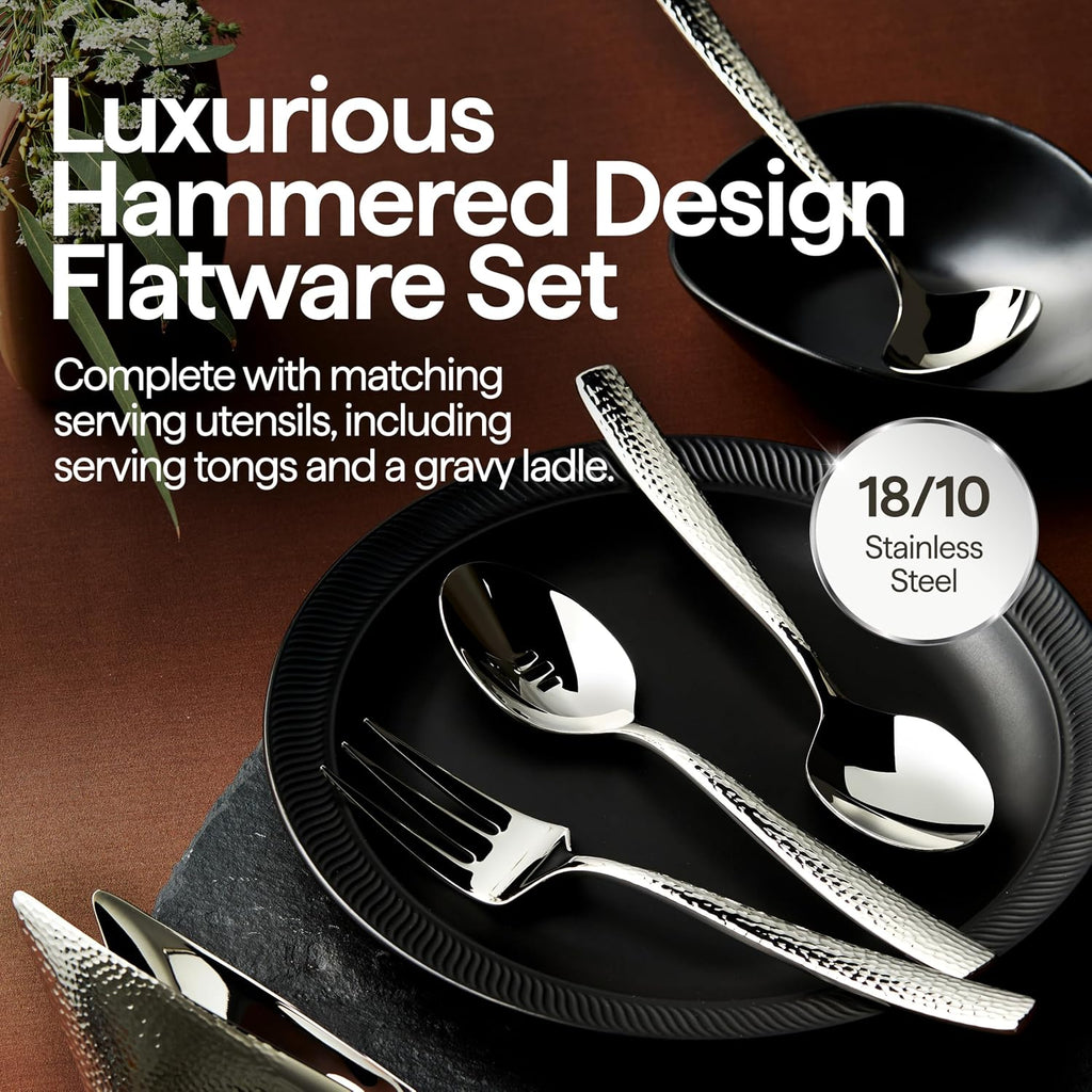 LUCIELLA 45-Piece Hammered 18/10 Forged Silverware Set and serving utensils