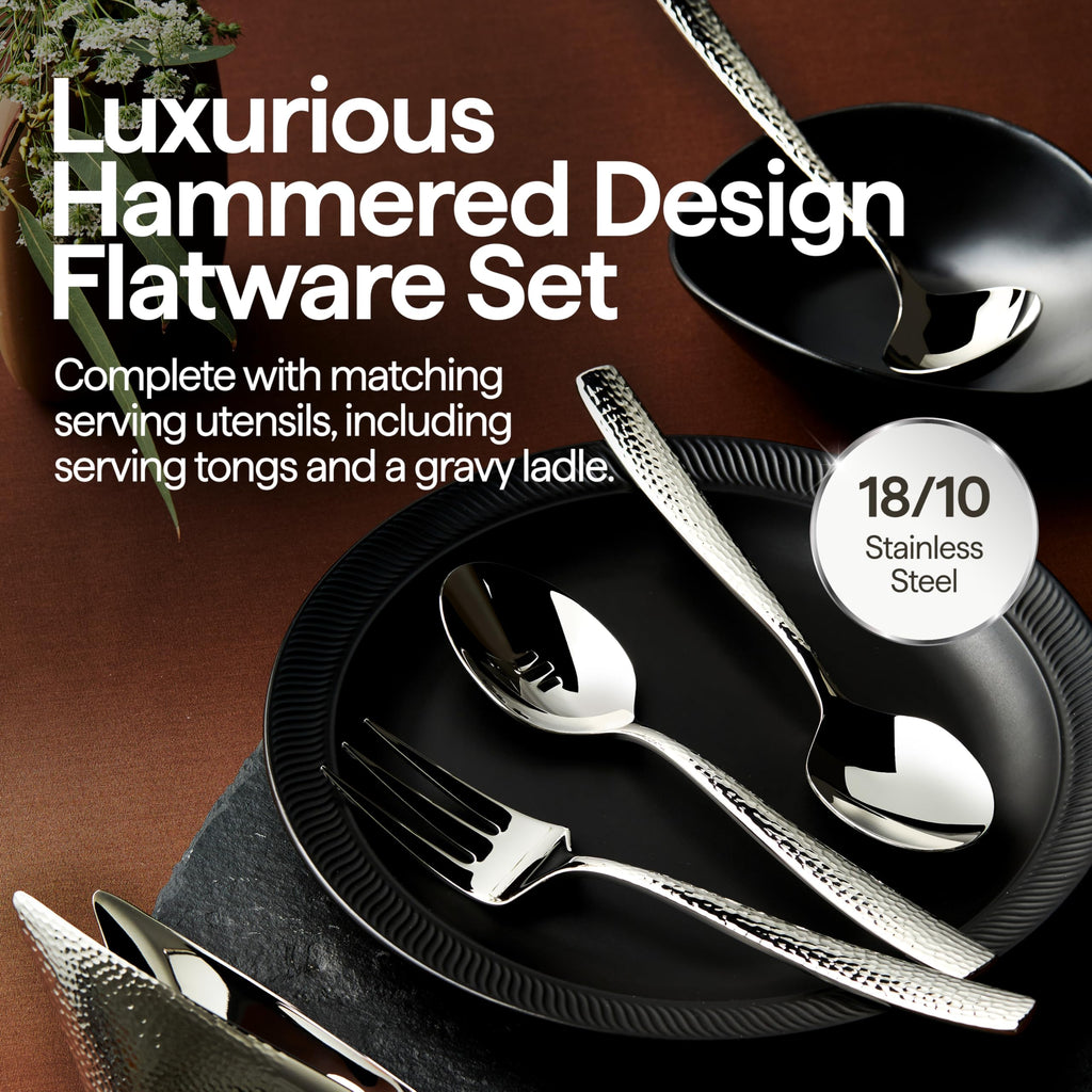 LUCIELLA 45-Piece Hammered 18/10 Forged Silverware Set and serving utensils
