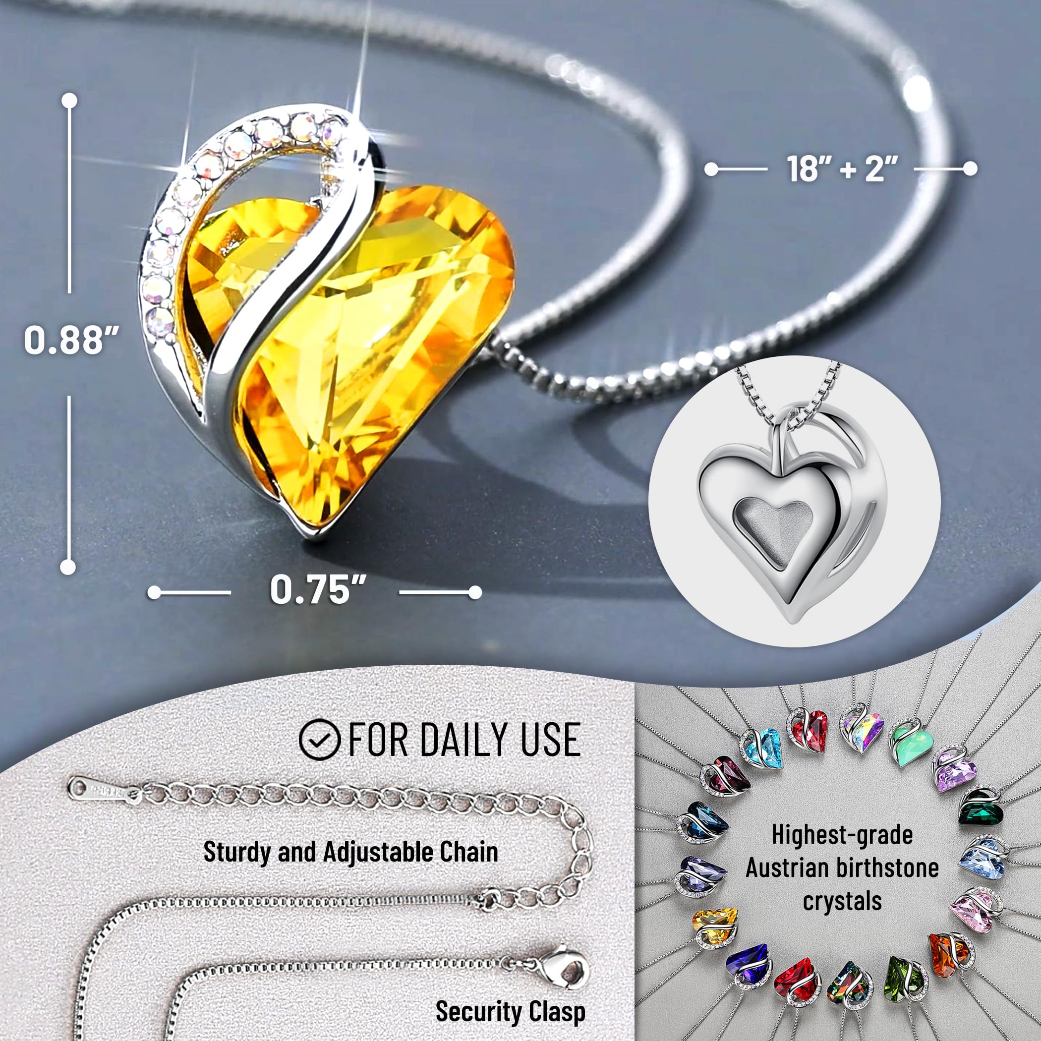 Leafael Gift Necklaces for Women, Infinity Love Birthstone Heart Crystal Pendant, Birthday Anniversary Jewelry for Wife, Mom, and Her, Silver Plated, 18" + 2" Adjustable Chain