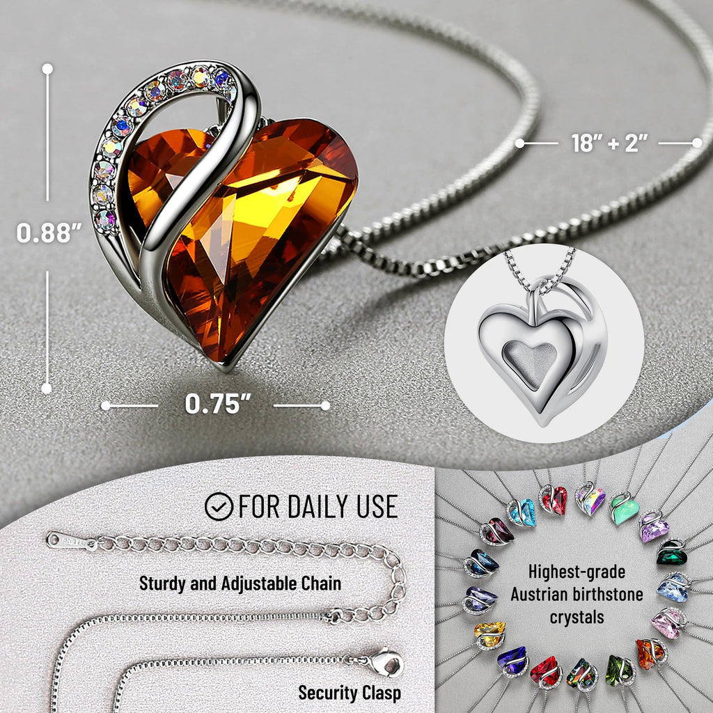 Leafael Gift Necklaces for Women, Infinity Love Birthstone Heart Crystal Pendant, Birthday Anniversary Jewelry for Wife, Mom, and Her, Silver Plated, 18" + 2" Adjustable Chain