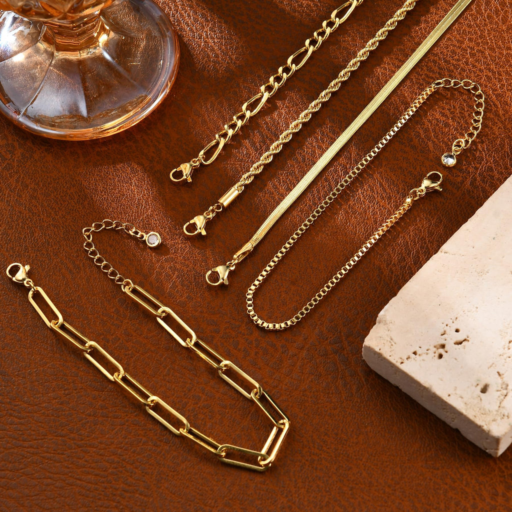Gold Bracelets for Women, 14K Gold Plated Stackable Bracelet Stack Set Adjustable Charm Paperclip Chain Snake Link Layered Waterproof Jewelry Sets Gifts