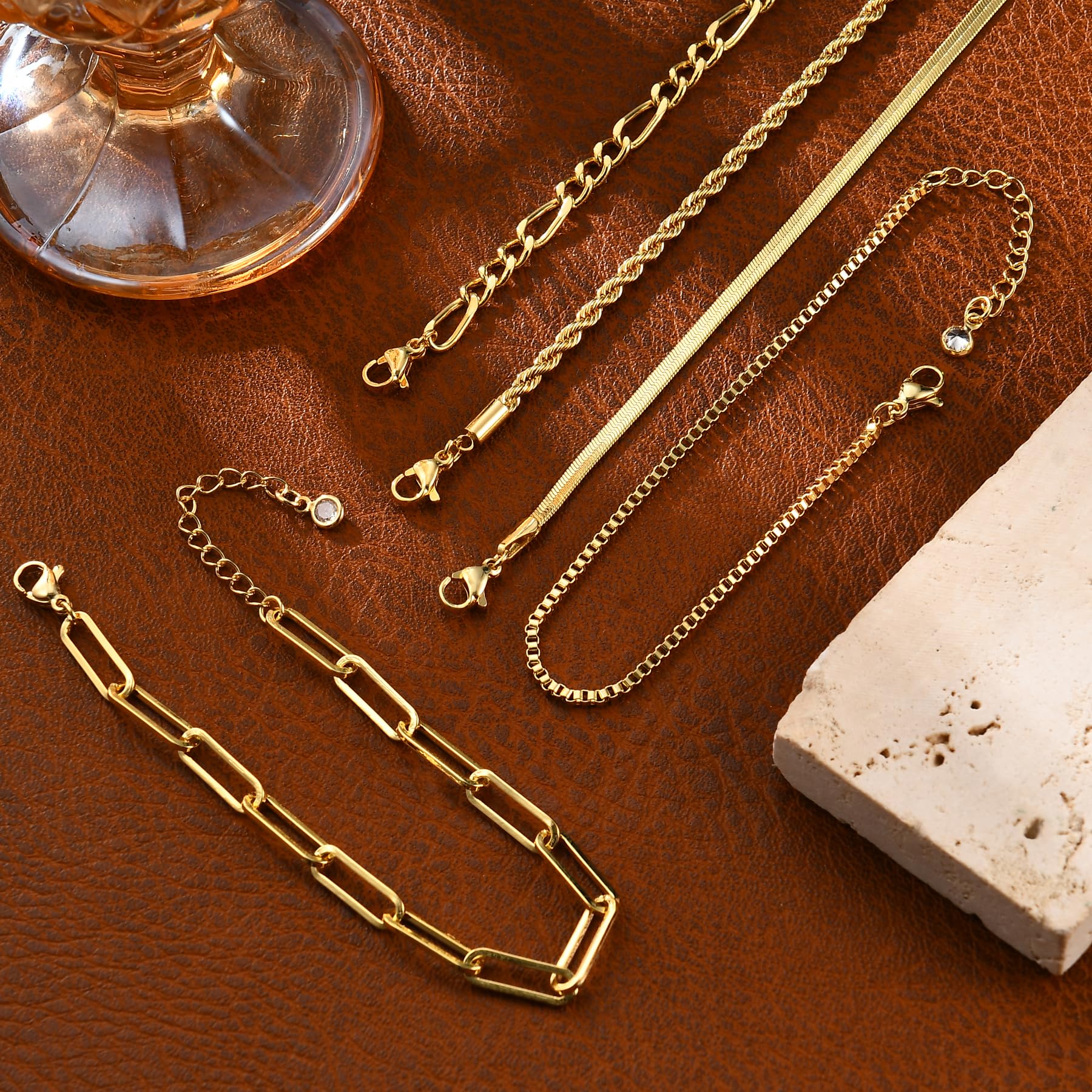 Gold Bracelets for Women, 14K Gold Plated Stackable Bracelet Stack Set Adjustable Charm Paperclip Chain Snake Link Layered Waterproof Jewelry Sets Gifts