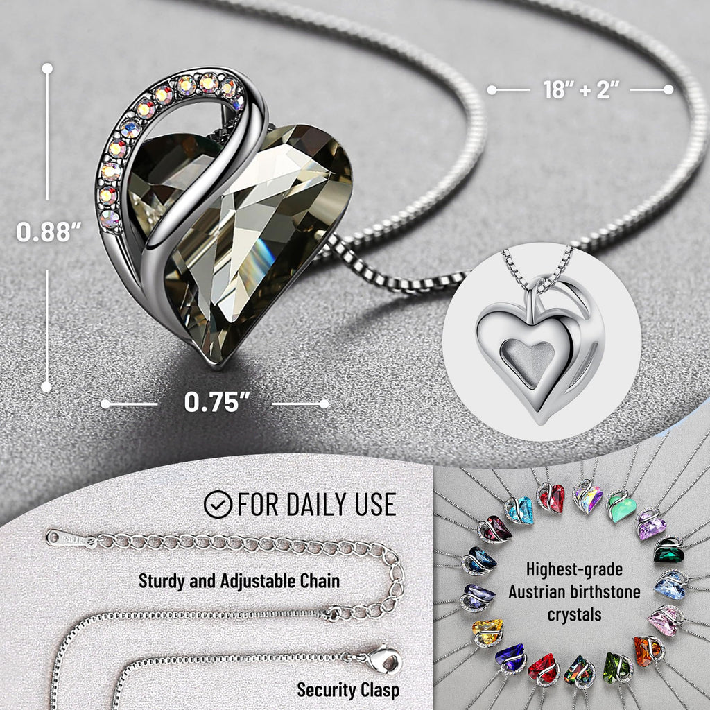 Leafael Gift Necklaces for Women, Infinity Love Birthstone Heart Crystal Pendant, Birthday Anniversary Jewelry for Wife, Mom, and Her, Silver Plated, 18" + 2" Adjustable Chain