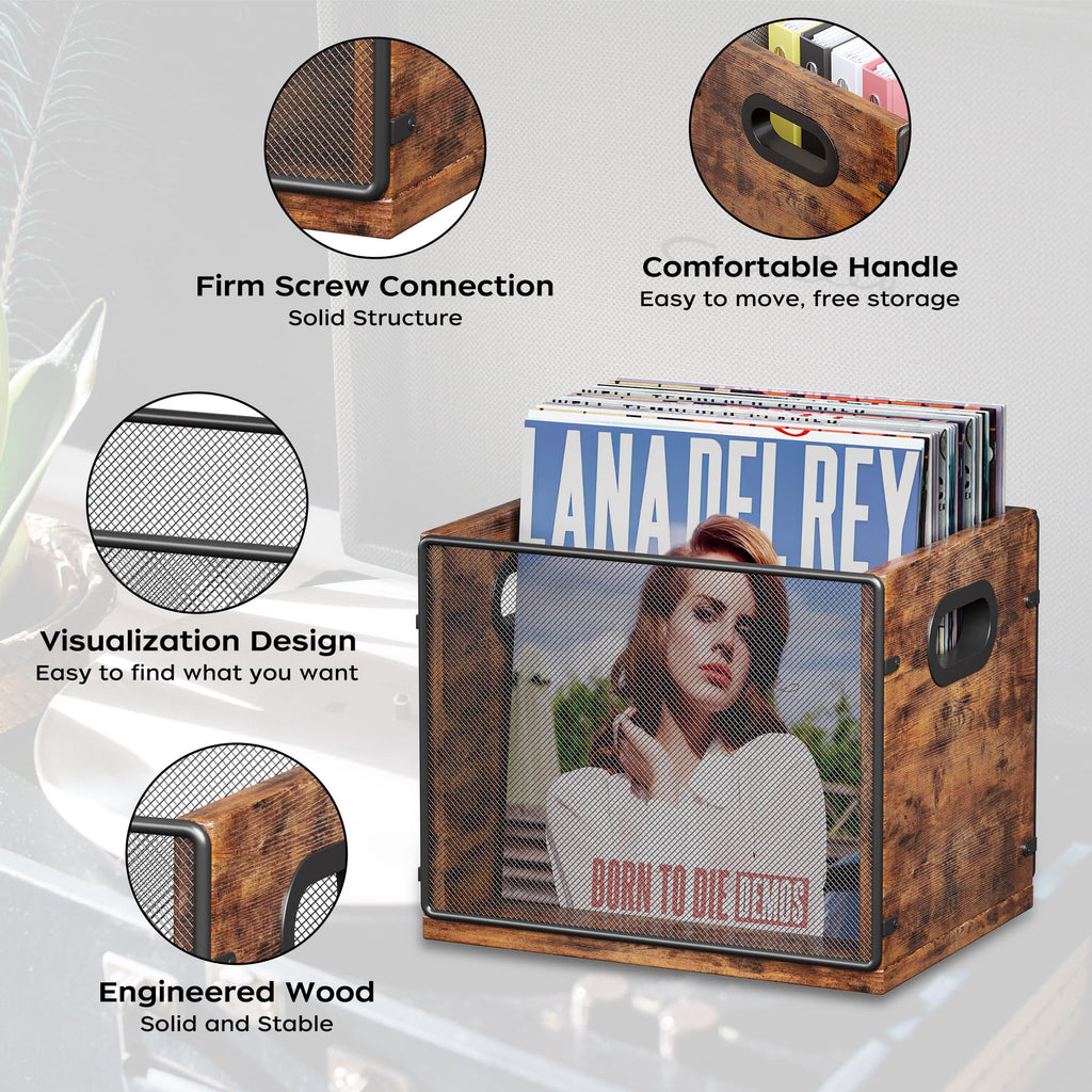 Homeiju Vinyl Record Storage, Record Box Case Crate, Vinyl Record Album Holder, Metal & Wooden LP Record Crate, Holds up to 60 Records