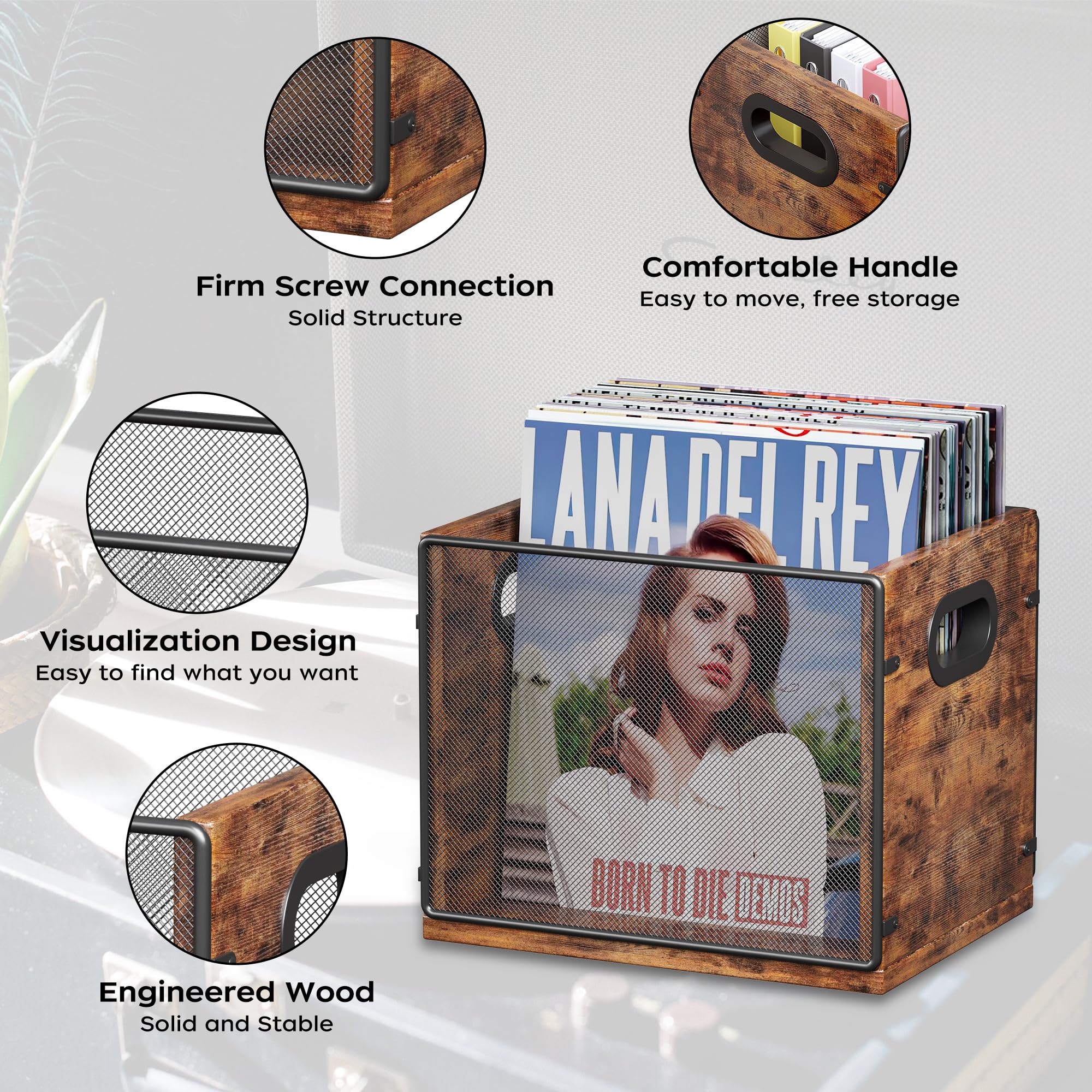 Homeiju Vinyl Record Storage, Record Box Case Crate, Vinyl Record Album Holder, Metal & Wooden LP Record Crate, Holds up to 60 Records