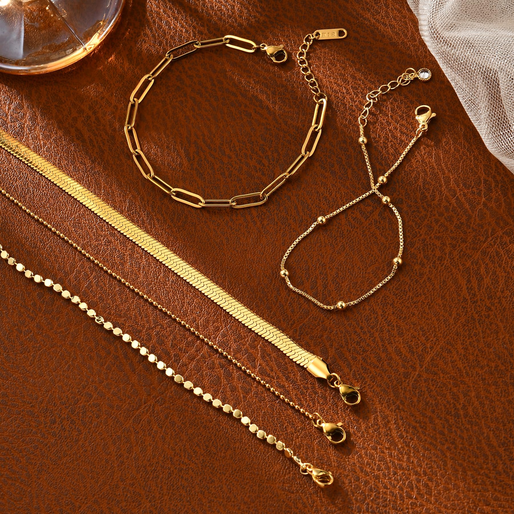 Gold Bracelets for Women, 14K Gold Plated Stackable Bracelet Stack Set Adjustable Charm Paperclip Chain Snake Link Layered Waterproof Jewelry Sets Gifts