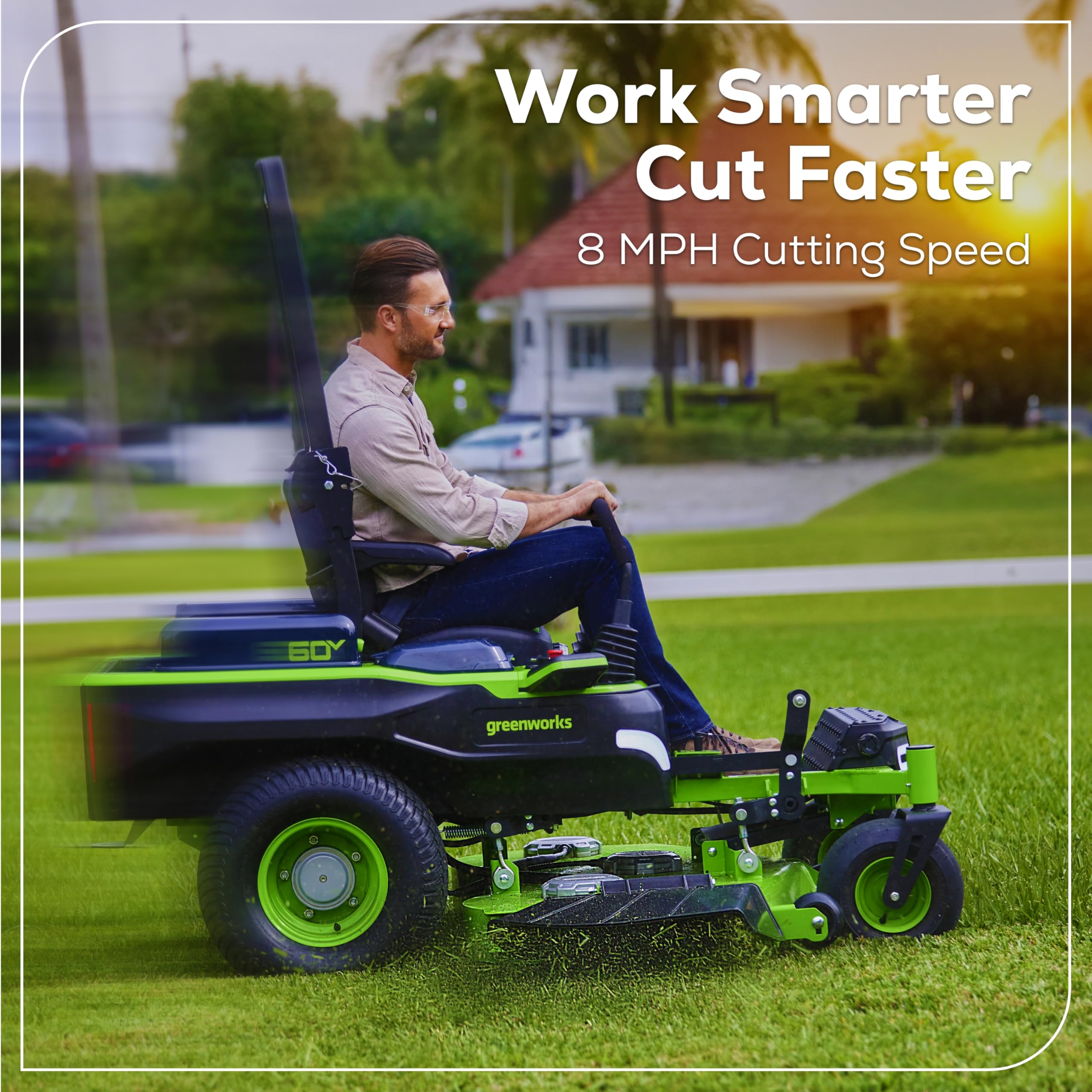 Greenworks 60V 30' Riding Lawn Mower (1.25 Acre, 16 HP Gas Equivalent, 6 MPH, Tow Up to 200 lbs.), (4) 8.0Ah Batteries (1,920 Wh Max) + Turbo Wall Charger