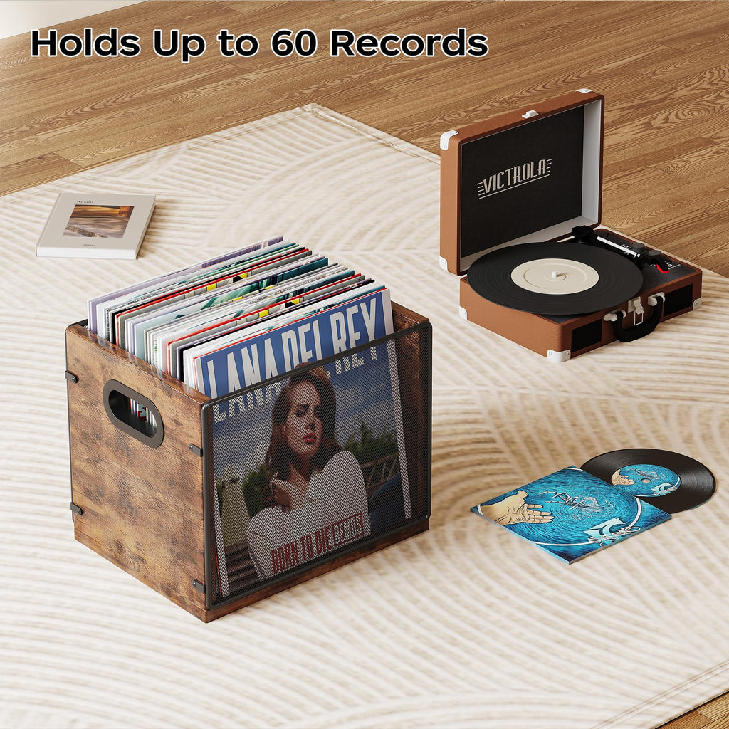Homeiju Vinyl Record Storage, Record Box Case Crate, Vinyl Record Album Holder, Metal & Wooden LP Record Crate, Holds up to 60 Records