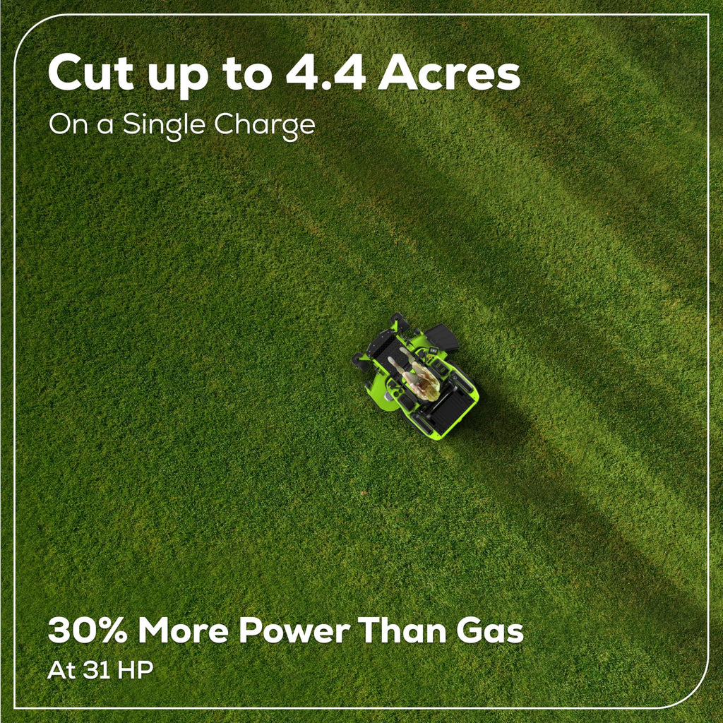 Greenworks 60V 30' Riding Lawn Mower (1.25 Acre, 16 HP Gas Equivalent, 6 MPH, Tow Up to 200 lbs.), (4) 8.0Ah Batteries (1,920 Wh Max) + Turbo Wall Charger